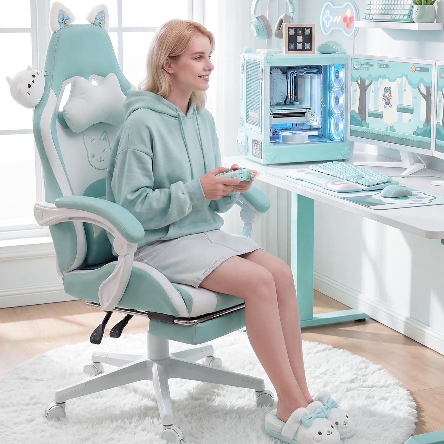 image:imageDowinx Gaming Chair Cute with Cat Ears and Massage Lumbar Support Ergonomic Computer Chair for Girl with Footrest and Headrest Comfortable Reclining Game Chair 290lbs for Adult Teen Blue GreenBlue