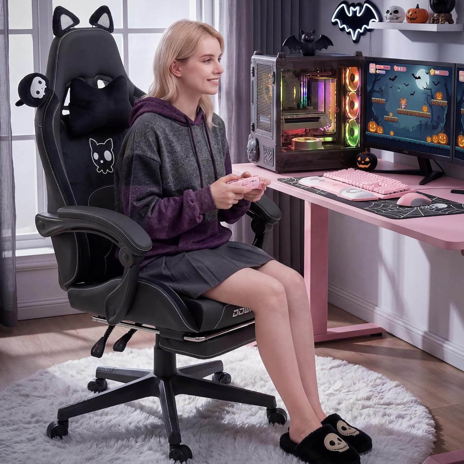 image:imageDowinx Gaming Chair Cute with Cat Ears and Massage Lumbar Support Ergonomic Computer Chair for Girl with Footrest and Headrest Comfortable Reclining Game Chair 290lbs for Adult Teen Blue GreenAll Black