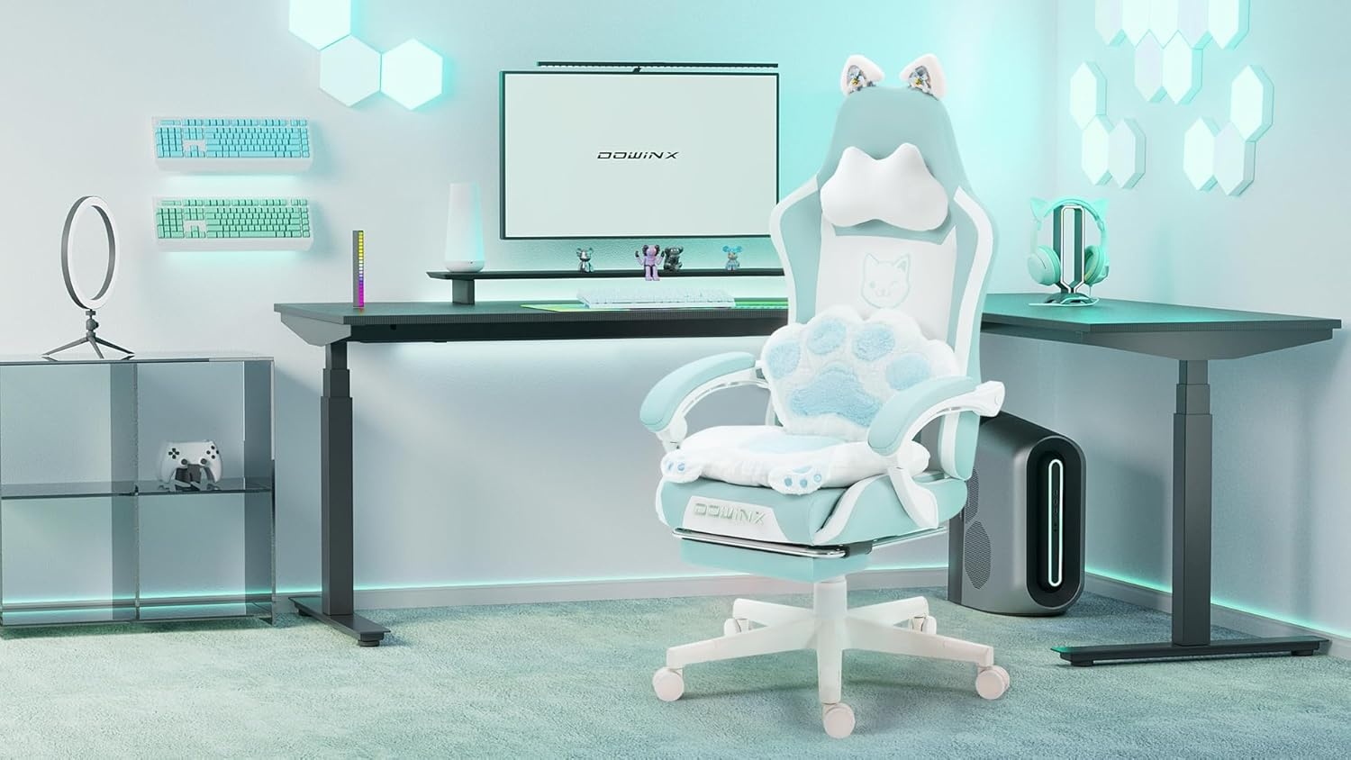 image:imageDowinx Gaming Chair Cute with Cat Ears and Massage Lumbar Support Ergonomic Computer Chair for Girl with Footrest and Headrest Comfortable Reclining Game Chair 290lbs for Adult Teen Blue GreenBlue