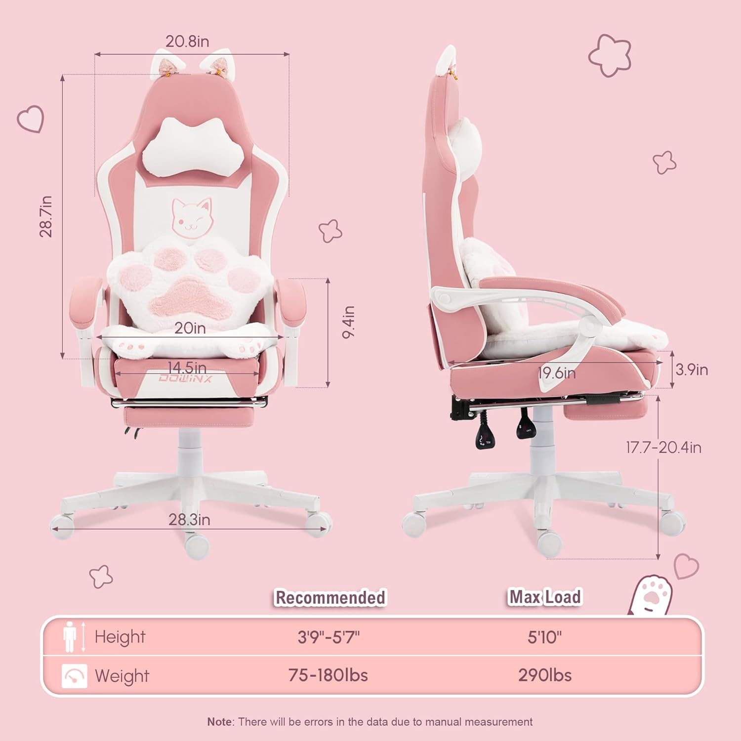 image:imageDowinx Gaming Chair Cute with Cat Ears and Massage Lumbar Support Ergonomic Computer Chair for Girl with Footrest and Headrest Comfortable Reclining Game Chair 290lbs for Adult Teen Blue GreenPink
