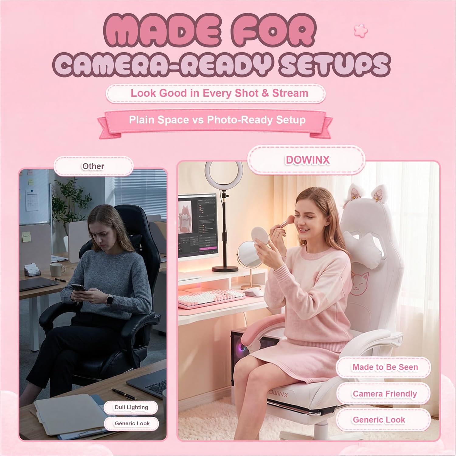 image:imageDowinx Gaming Chair Cute with Cat Ears and Massage Lumbar Support Ergonomic Computer Chair for Girl with Footrest and Headrest Comfortable Reclining Game Chair 290lbs for Adult Teen Blue GreenWhite