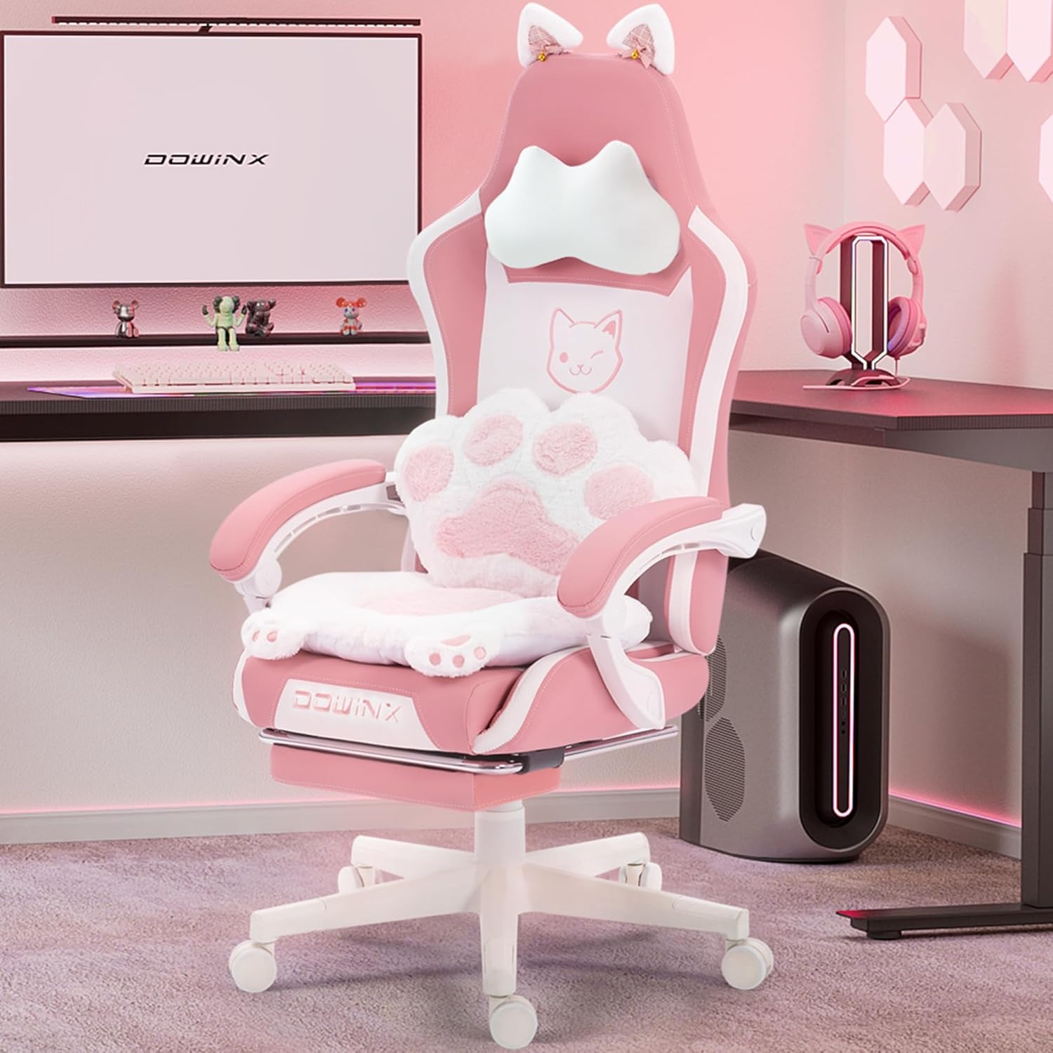 image:imageDowinx Gaming Chair Cute with Cat Ears and Massage Lumbar Support Ergonomic Computer Chair for Girl with Footrest and Headrest Comfortable Reclining Game Chair 290lbs for Adult Teen Blue GreenPink