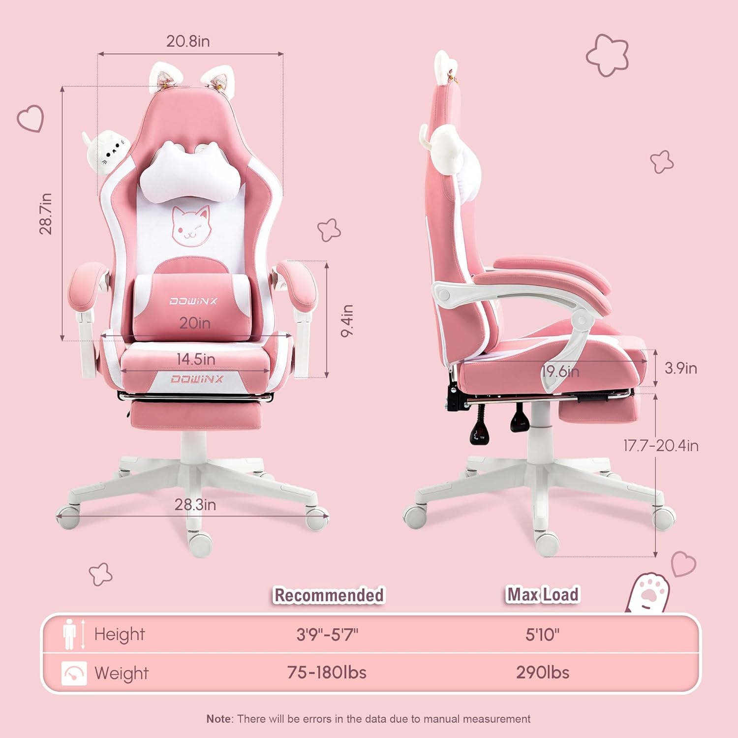 image:imageDowinx Gaming Chair Cute with Cat Ears and Massage Lumbar Support Ergonomic Computer Chair for Girl with Footrest and Headrest Comfortable Reclining Game Chair 290lbs for Adult Teen Blue GreenPink