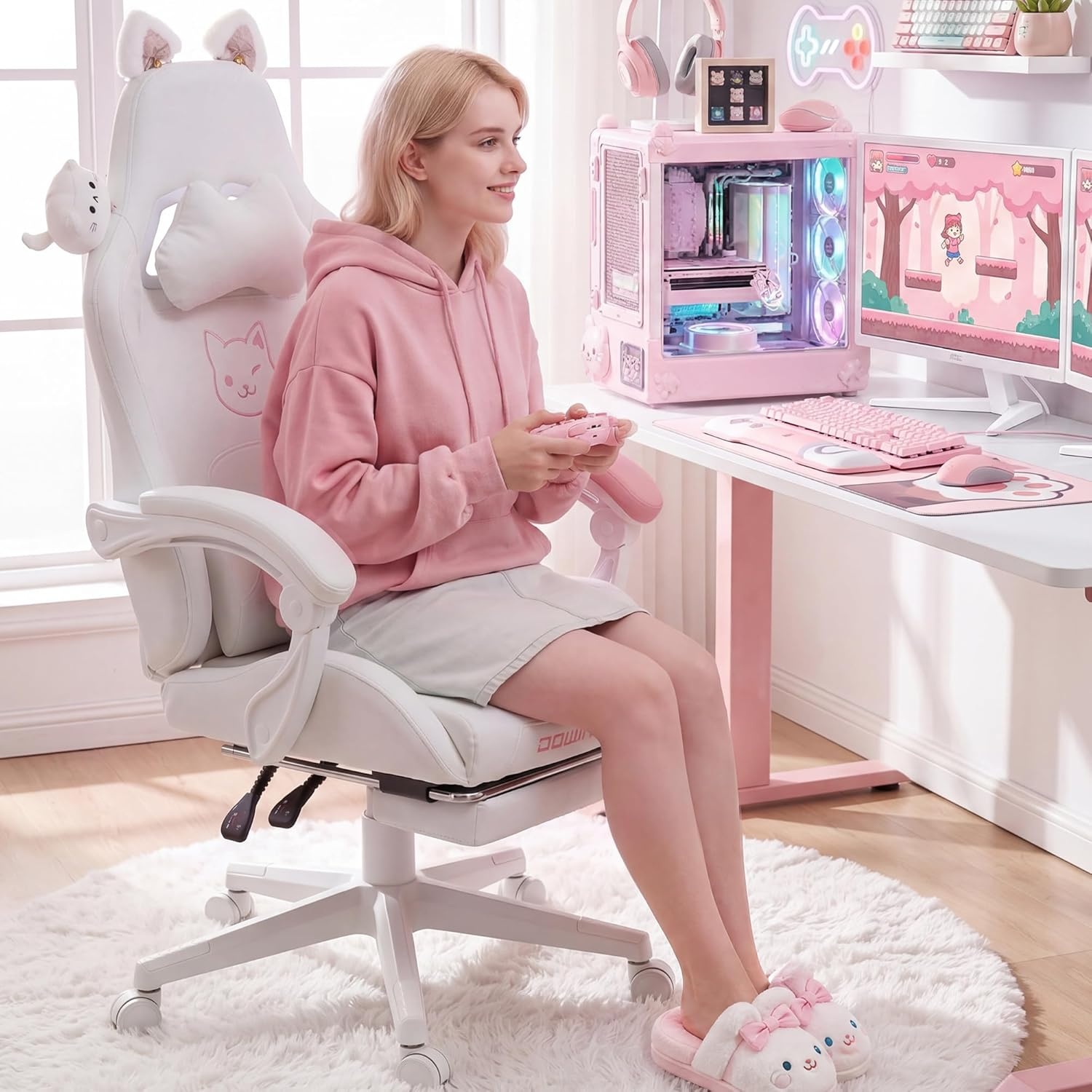 image:imageDowinx Gaming Chair Cute with Cat Ears and Massage Lumbar Support Ergonomic Computer Chair for Girl with Footrest and Headrest Comfortable Reclining Game Chair 290lbs for Adult Teen Blue GreenWhite