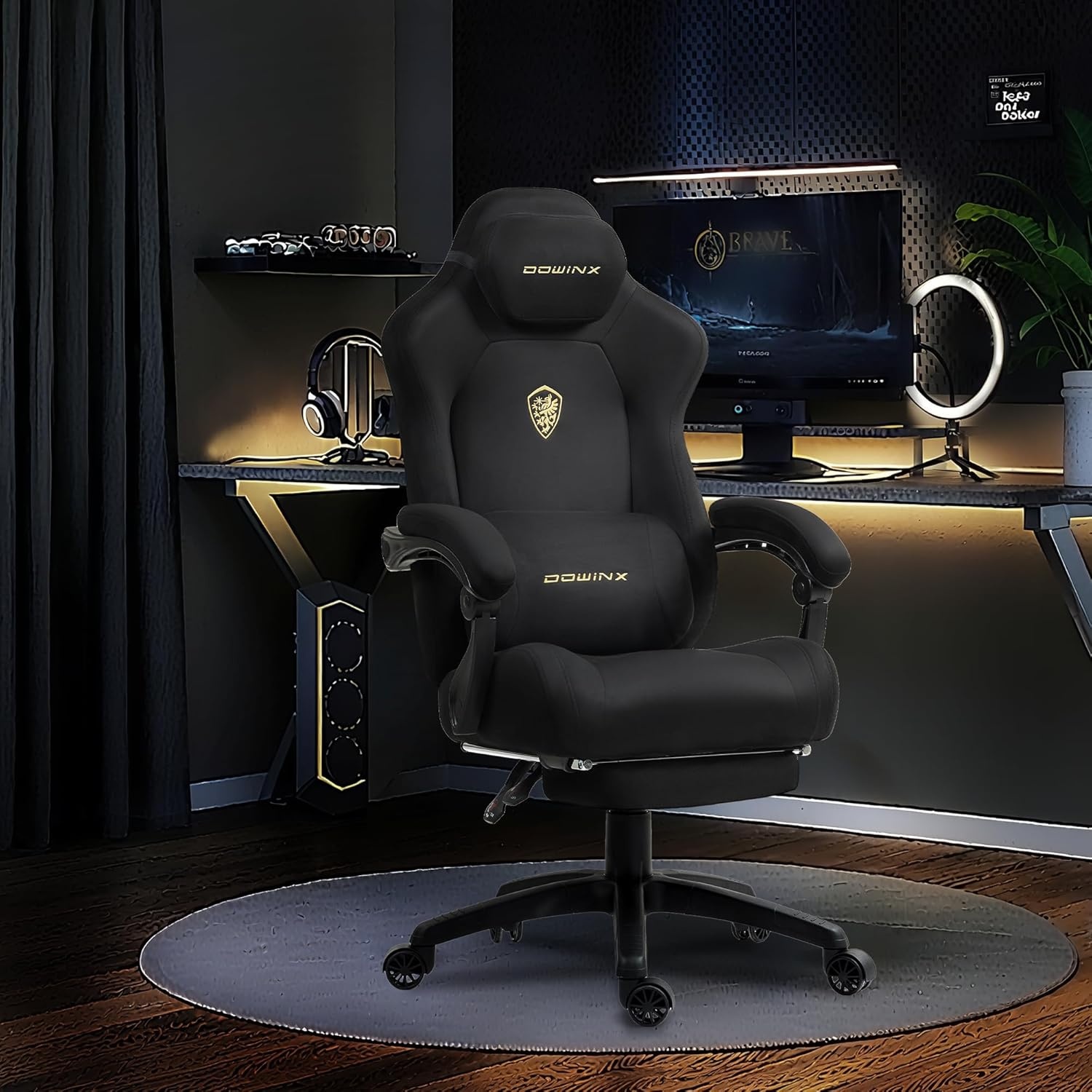 image:imageDowinx Gaming Chair Ergonomic Office Recliner for Computer with Massage Lumbar Support Racing Style Armchair PU Leather ESports Gamer Chairs with Retractable Footrest Blue Grey