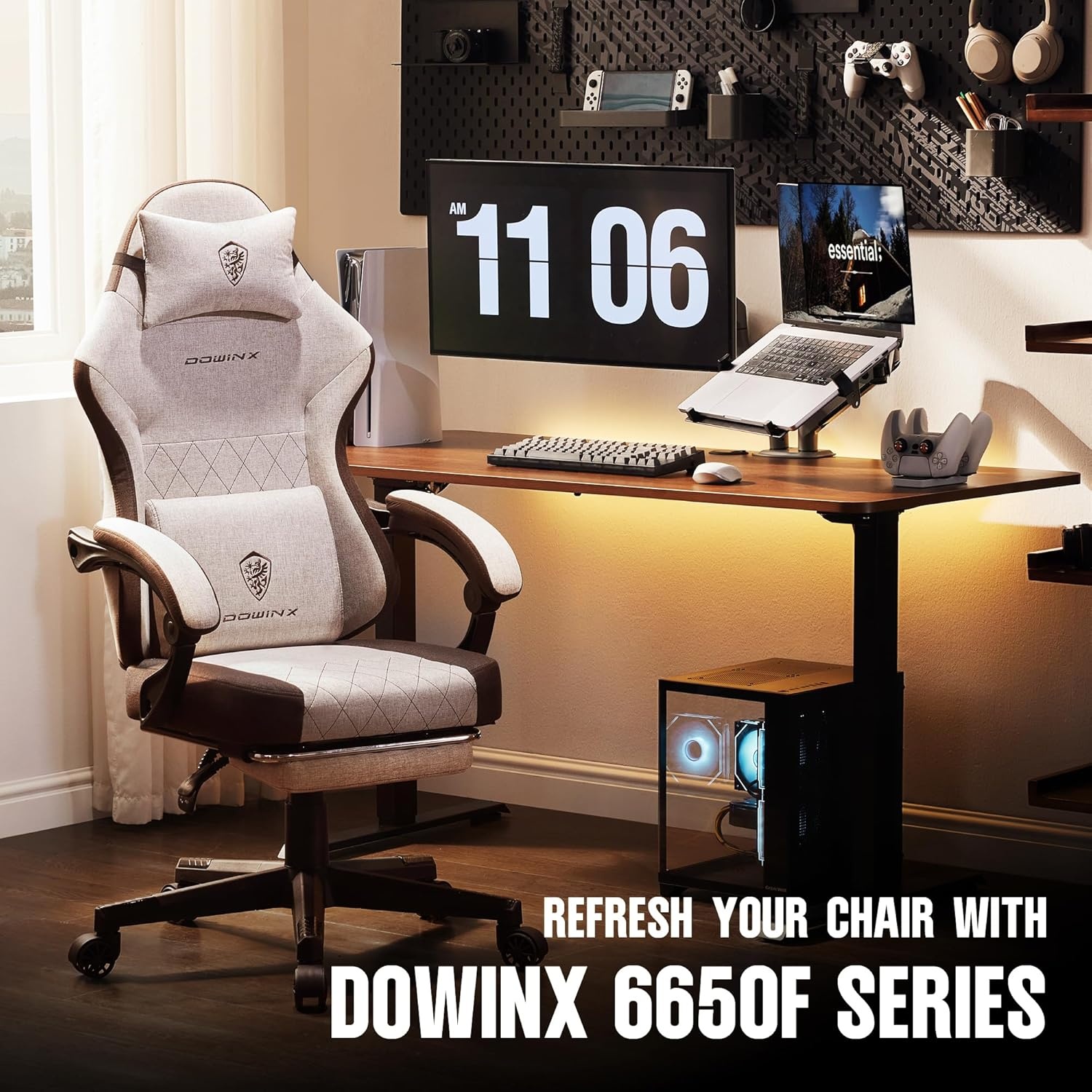 image:imageDowinx Gaming Chair Fabric with Pocket Spring Cushion High Back Ergonomic Computer Chair with Footrest for Adults Massage Lumbar Support Swivel Game Chair for Office Gaming 300LBS GreenBrown
