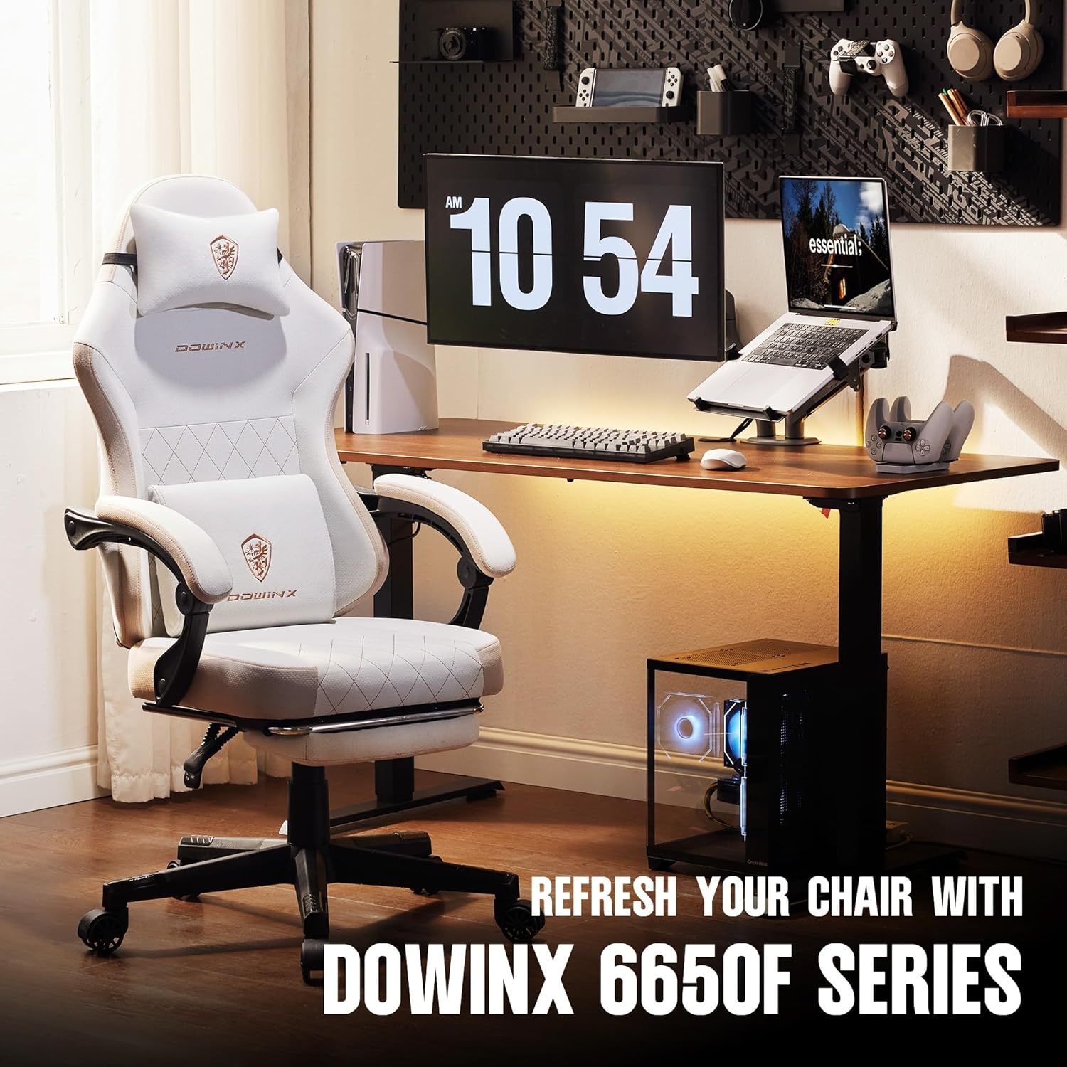 image:imageDowinx Gaming Chair Fabric with Pocket Spring Cushion High Back Ergonomic Computer Chair with Footrest for Adults Massage Lumbar Support Swivel Game Chair for Office Gaming 300LBS GreenBeige
