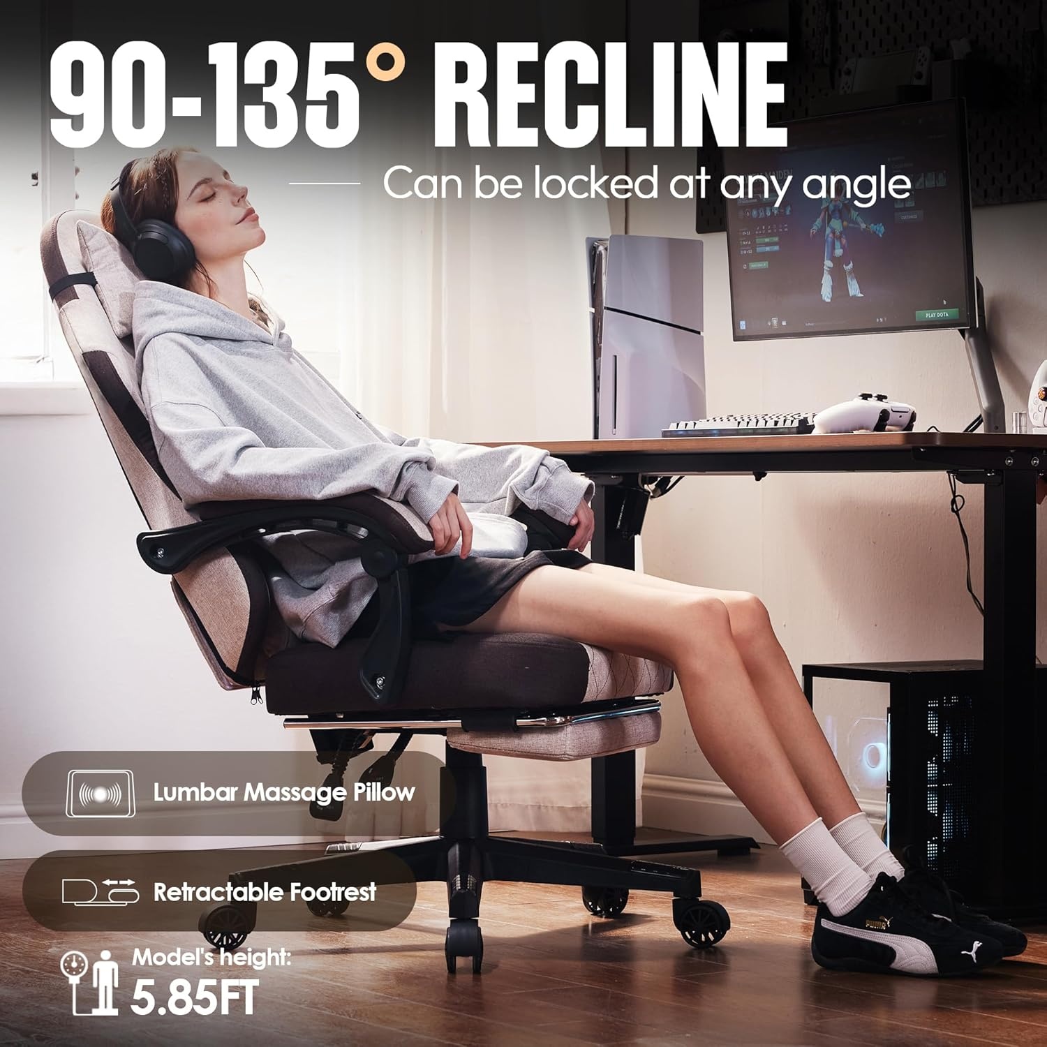 image:imageDowinx Gaming Chair Fabric with Pocket Spring Cushion High Back Ergonomic Computer Chair with Footrest for Adults Massage Lumbar Support Swivel Game Chair for Office Gaming 300LBS GreenBrown