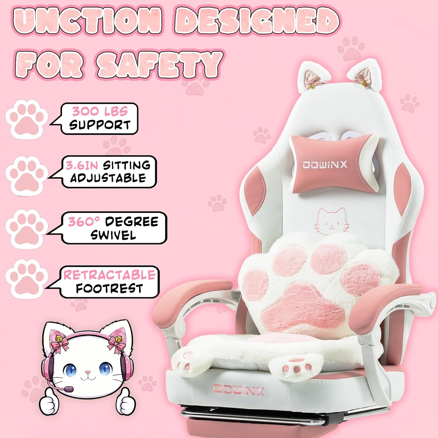 image:imageDowinx Gaming Chair with Cat Ears and Paw Lumbar Pillow Ergonomic Reclining Chair Memory Foam and Spring Cushion Footrest 300lbs Capacity Cute and Comfortable Design for Women amp GirlsPinkwhite