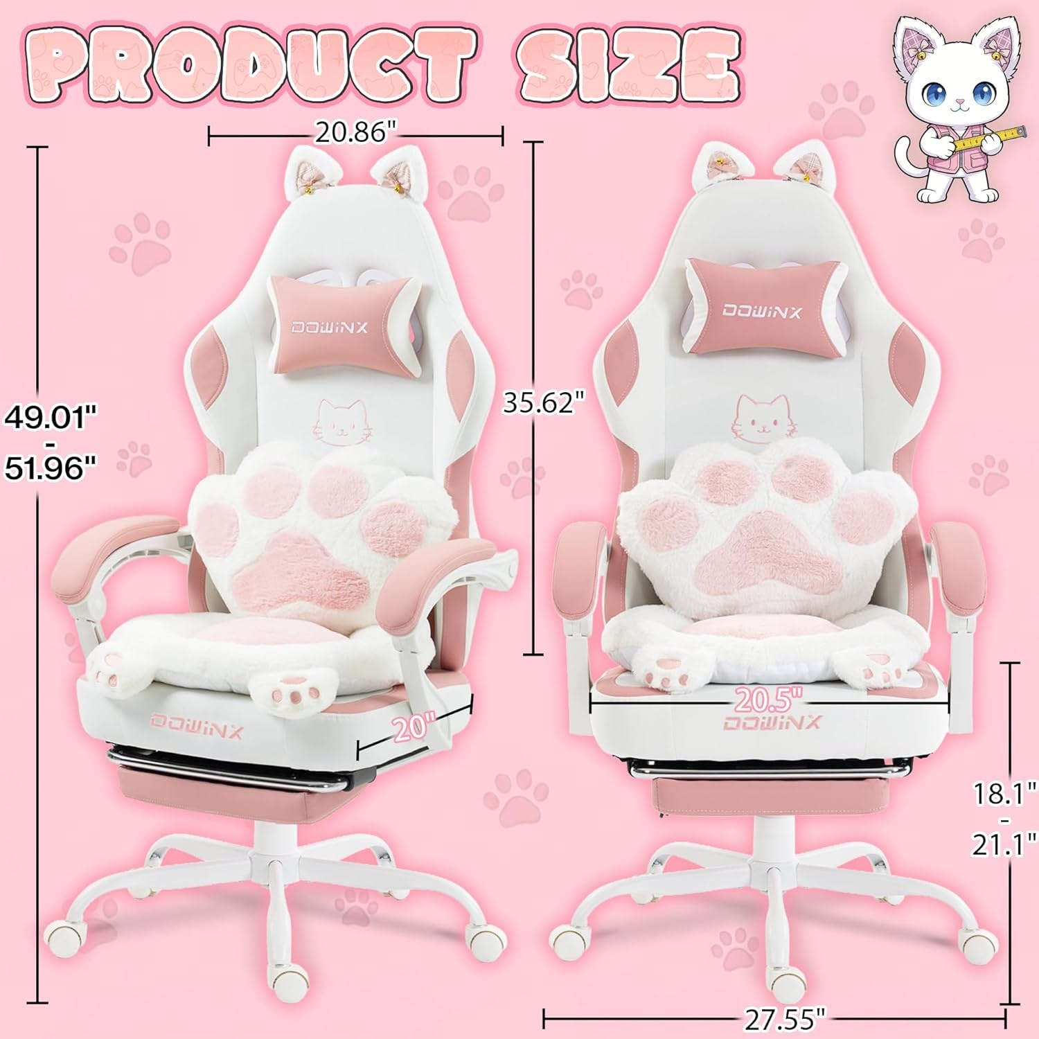 image:imageDowinx Gaming Chair with Cat Ears and Paw Lumbar Pillow Ergonomic Reclining Chair Memory Foam and Spring Cushion Footrest 300lbs Capacity Cute and Comfortable Design for Women amp GirlsPinkwhite