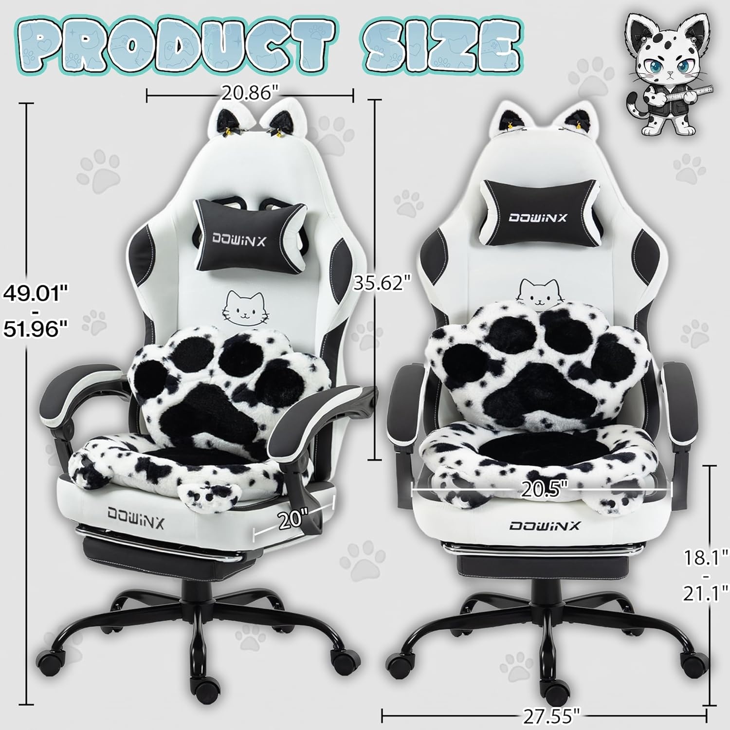 image:imageDowinx Gaming Chair with Cat Ears and Paw Lumbar Pillow Ergonomic Reclining Chair Memory Foam and Spring Cushion Footrest 300lbs Capacity Cute and Comfortable Design for Women amp GirlsBlackwhite