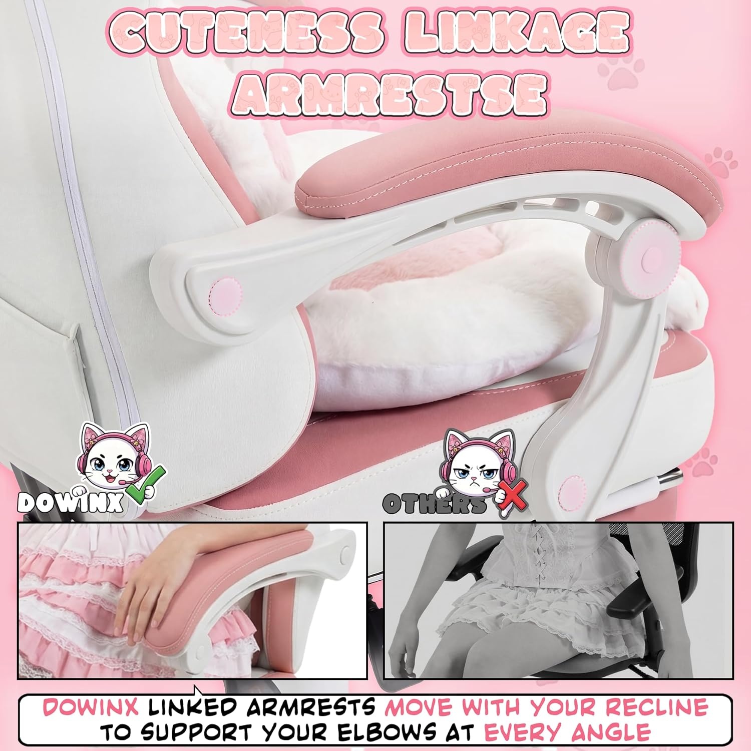 image:imageDowinx Gaming Chair with Cat Ears and Paw Lumbar Pillow Ergonomic Reclining Chair Memory Foam and Spring Cushion Footrest 300lbs Capacity Cute and Comfortable Design for Women amp GirlsPinkwhite