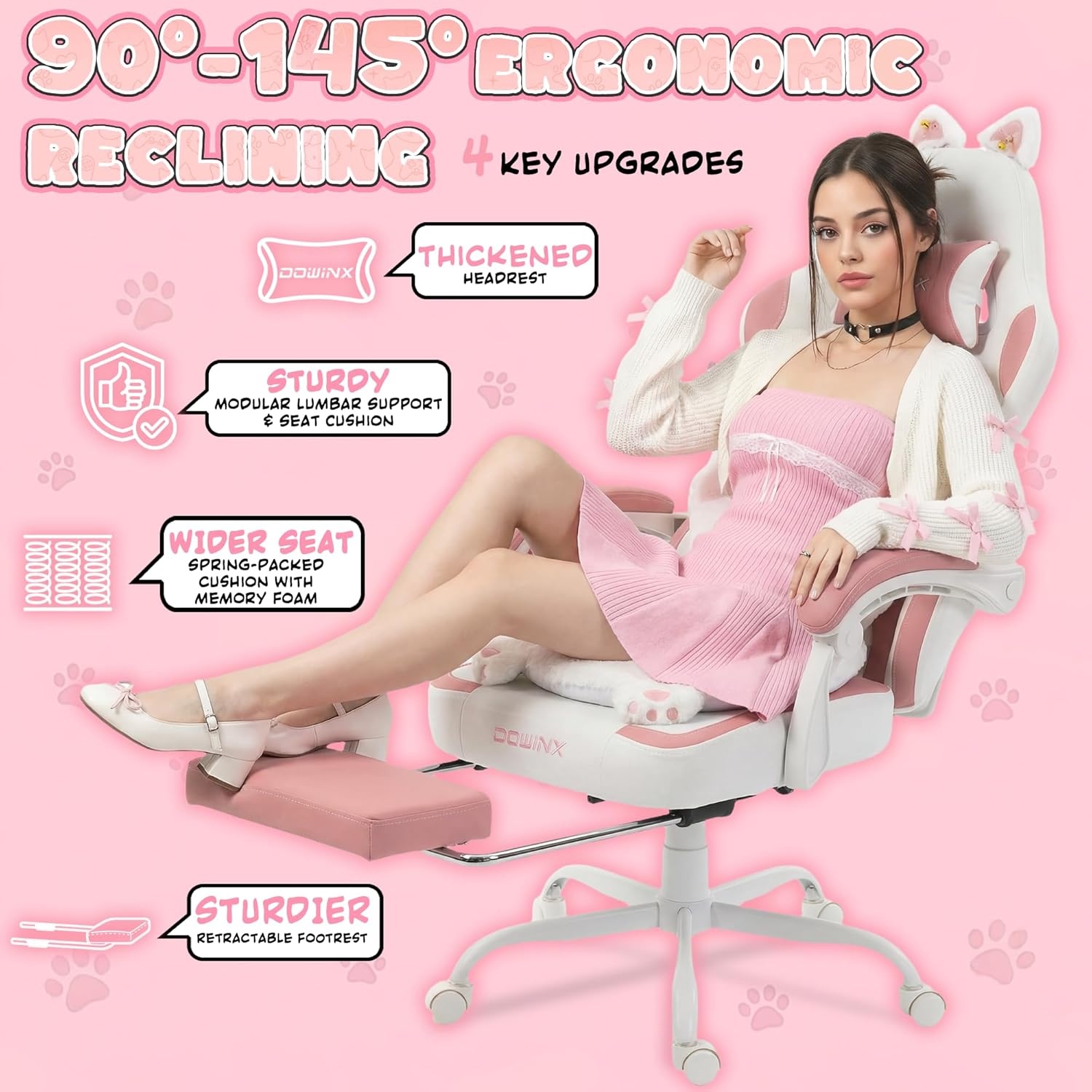 image:imageDowinx Gaming Chair with Cat Ears and Paw Lumbar Pillow Ergonomic Reclining Chair Memory Foam and Spring Cushion Footrest 300lbs Capacity Cute and Comfortable Design for Women amp GirlsPinkwhite
