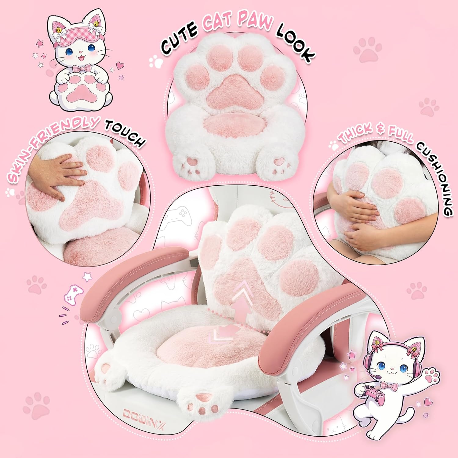 image:imageDowinx Gaming Chair with Cat Ears and Paw Lumbar Pillow Ergonomic Reclining Chair Memory Foam and Spring Cushion Footrest 300lbs Capacity Cute and Comfortable Design for Women amp GirlsPinkwhite