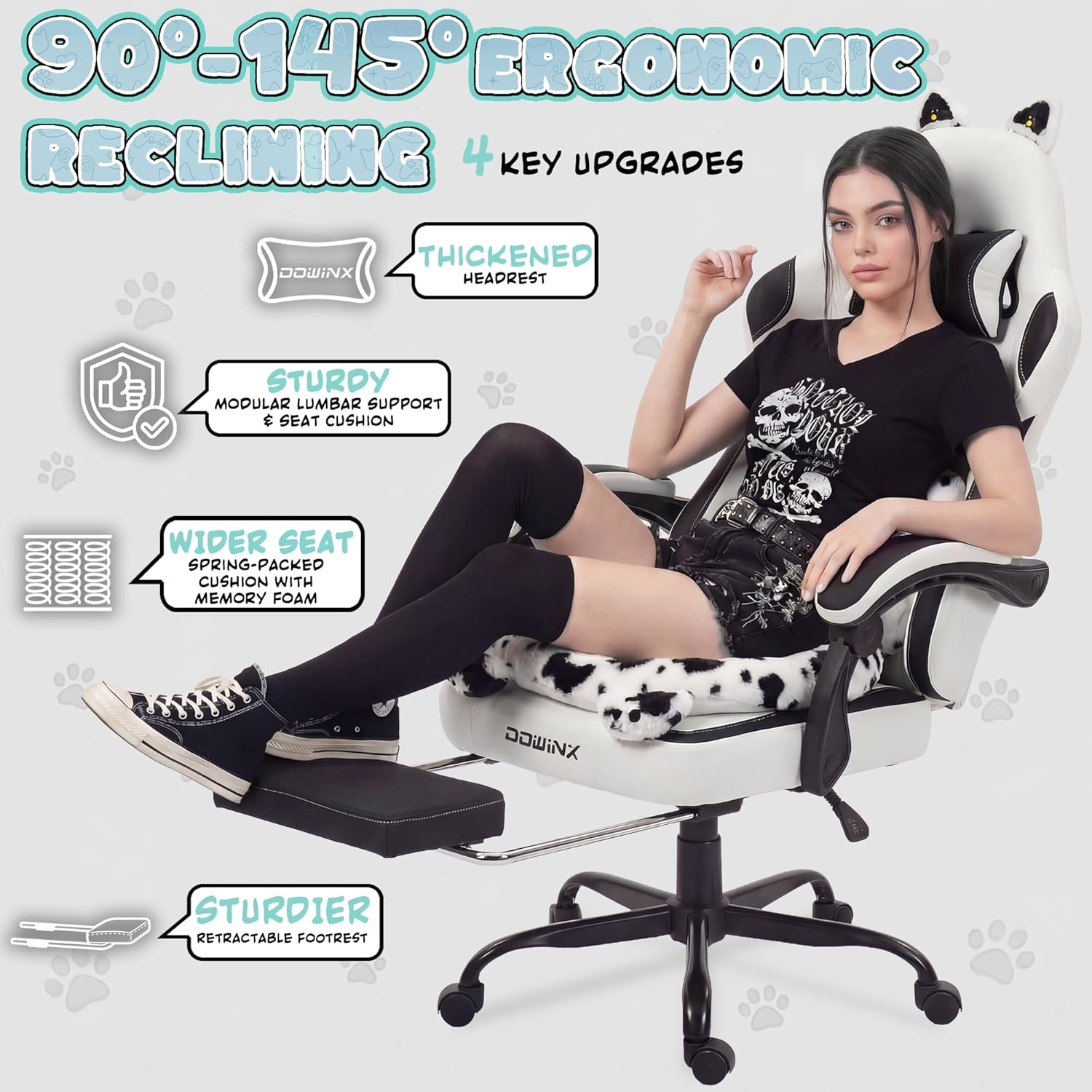 image:imageDowinx Gaming Chair with Cat Ears and Paw Lumbar Pillow Ergonomic Reclining Chair Memory Foam and Spring Cushion Footrest 300lbs Capacity Cute and Comfortable Design for Women amp GirlsBlackwhite