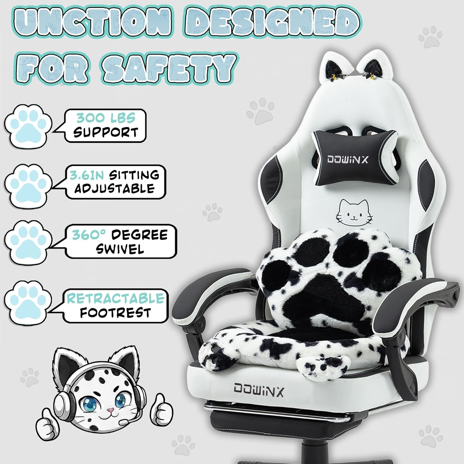 image:imageDowinx Gaming Chair with Cat Ears and Paw Lumbar Pillow Ergonomic Reclining Chair Memory Foam and Spring Cushion Footrest 300lbs Capacity Cute and Comfortable Design for Women amp GirlsBlackwhite