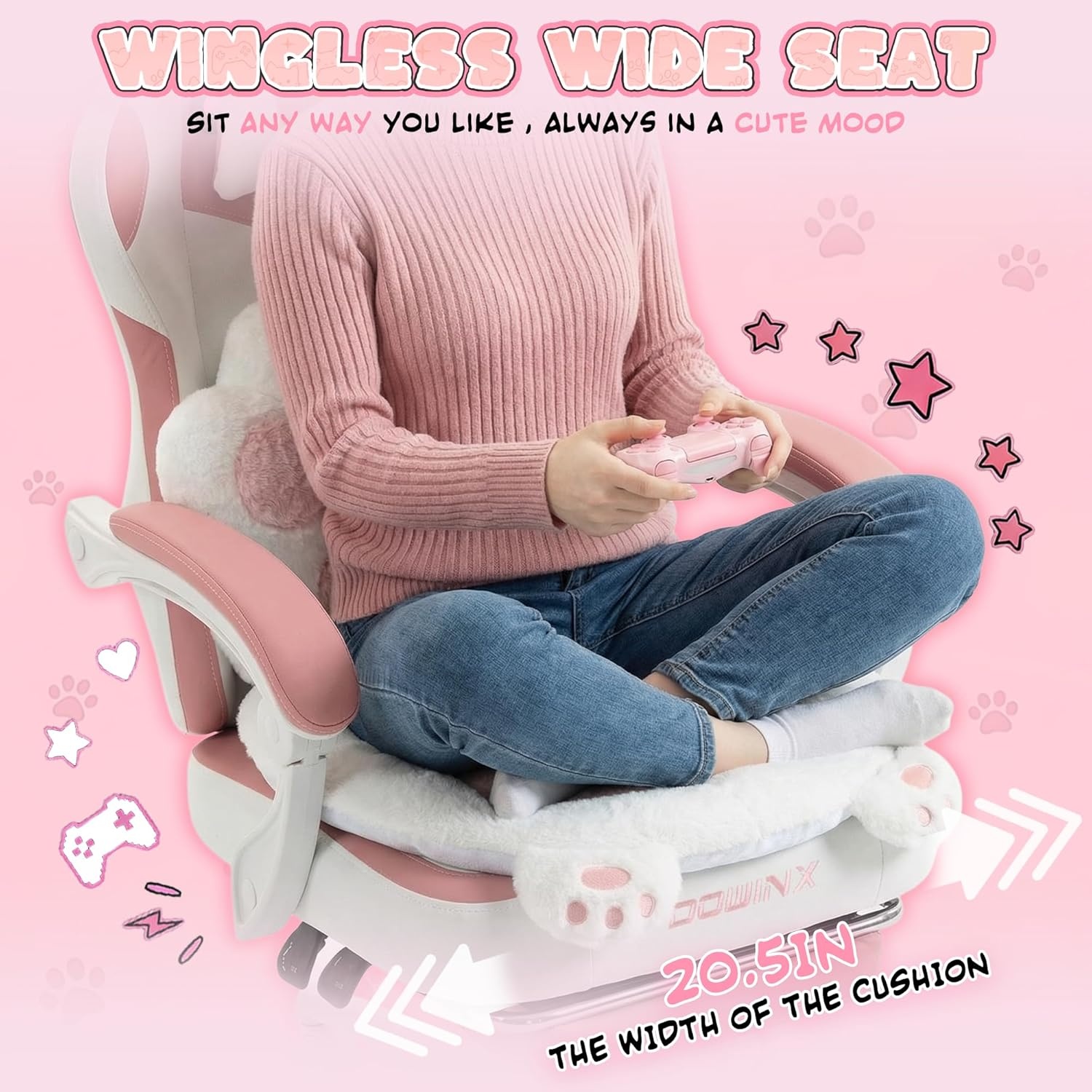 image:imageDowinx Gaming Chair with Cat Ears and Paw Lumbar Pillow Ergonomic Reclining Chair Memory Foam and Spring Cushion Footrest 300lbs Capacity Cute and Comfortable Design for Women amp GirlsPinkwhite