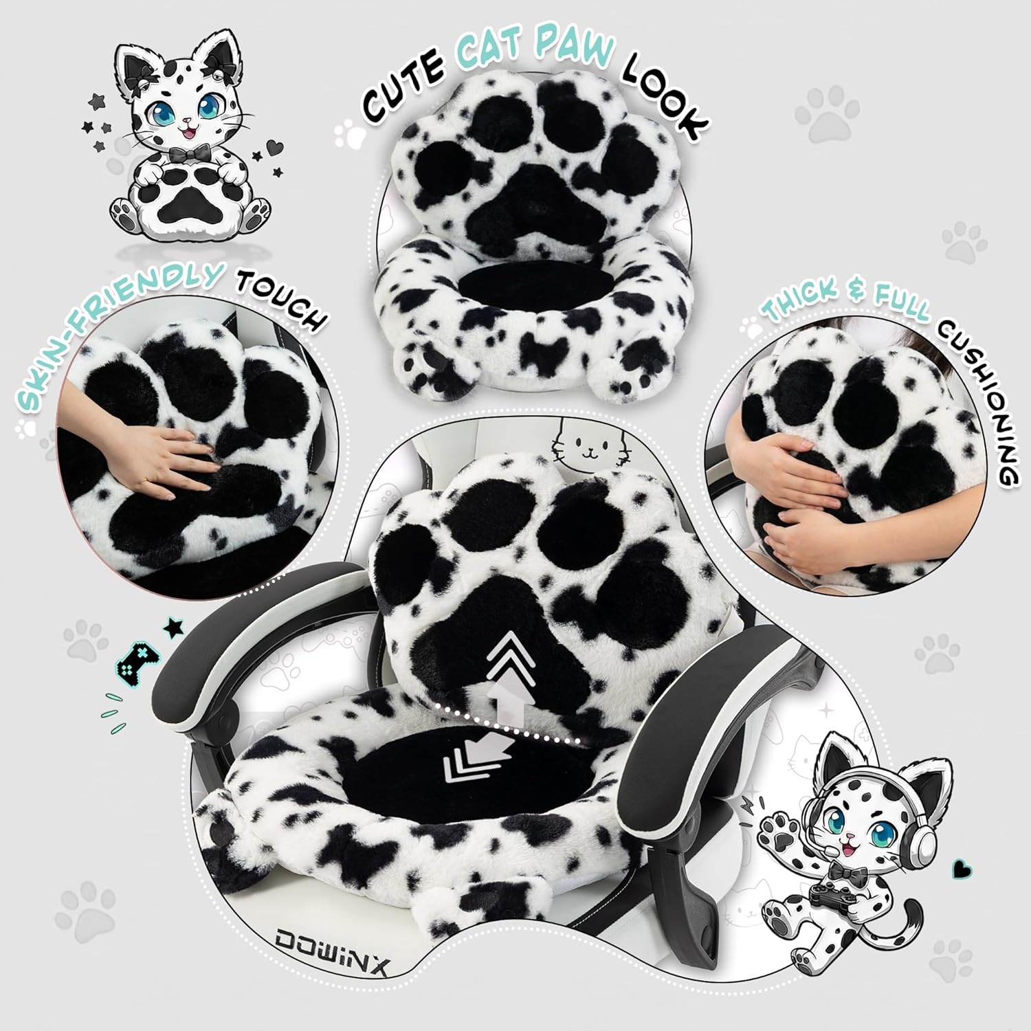 image:imageDowinx Gaming Chair with Cat Ears and Paw Lumbar Pillow Ergonomic Reclining Chair Memory Foam and Spring Cushion Footrest 300lbs Capacity Cute and Comfortable Design for Women amp GirlsBlackwhite