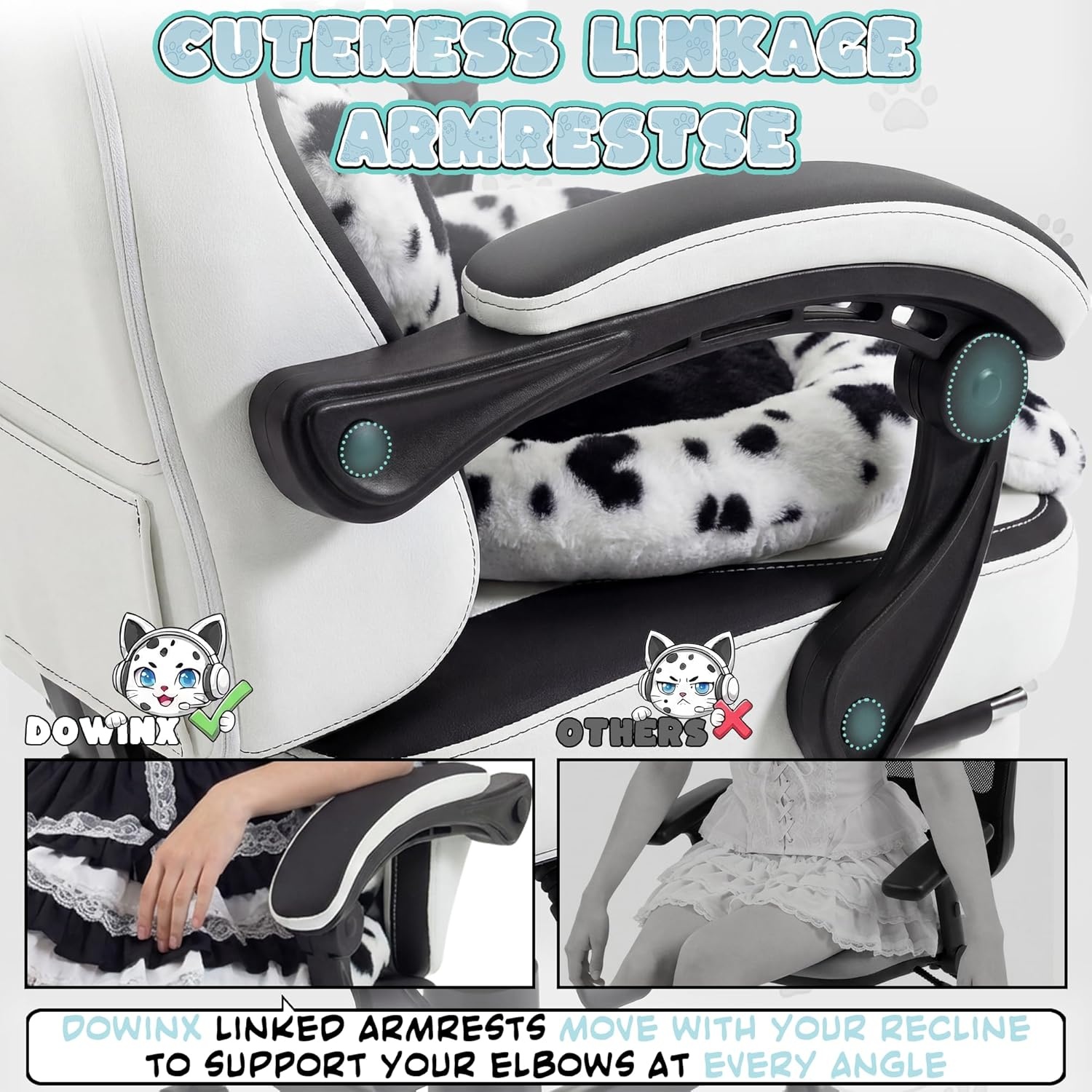 image:imageDowinx Gaming Chair with Cat Ears and Paw Lumbar Pillow Ergonomic Reclining Chair Memory Foam and Spring Cushion Footrest 300lbs Capacity Cute and Comfortable Design for Women amp GirlsBlackwhite
