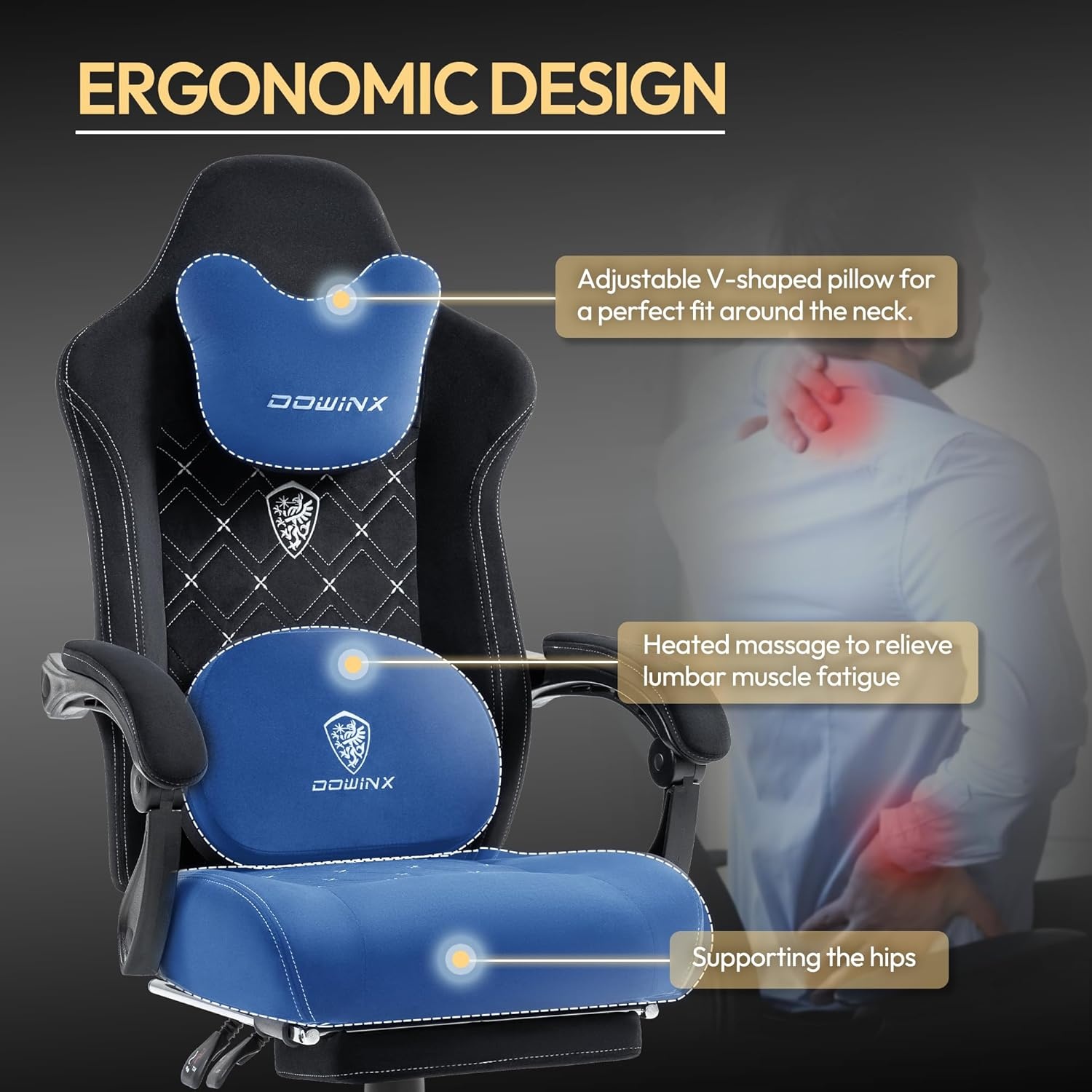 image:imageDowinx Gaming Chair with Heated Massage Lumbar SupportBig and Tall Fabric Gaming Chairs for Adults with Footrest Ergonomic Computer Game Chair with Poket Spring Cushions 350lbs BlackBlack and White