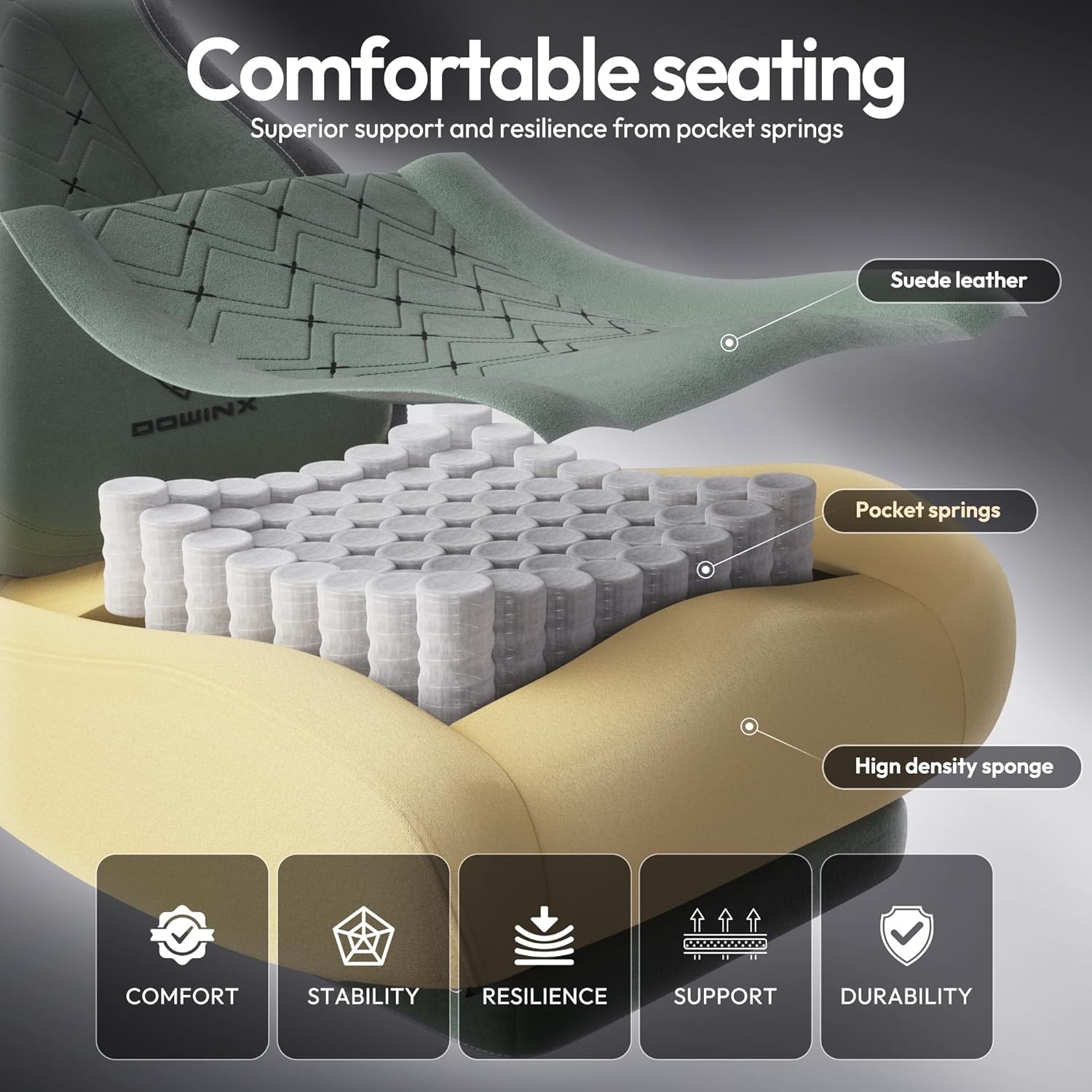 image:imageDowinx Gaming Chair with Heated Massage Lumbar SupportBig and Tall Fabric Gaming Chairs for Adults with Footrest Ergonomic Computer Game Chair with Poket Spring Cushions 350lbs BlackGreen