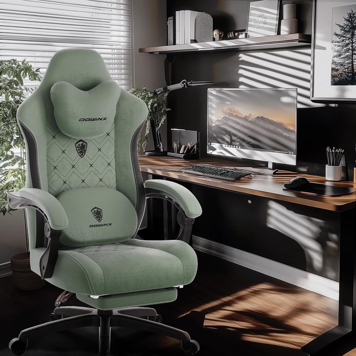 image:imageDowinx Gaming Chair with Heated Massage Lumbar SupportBig and Tall Fabric Gaming Chairs for Adults with Footrest Ergonomic Computer Game Chair with Poket Spring Cushions 350lbs BlackGreen
