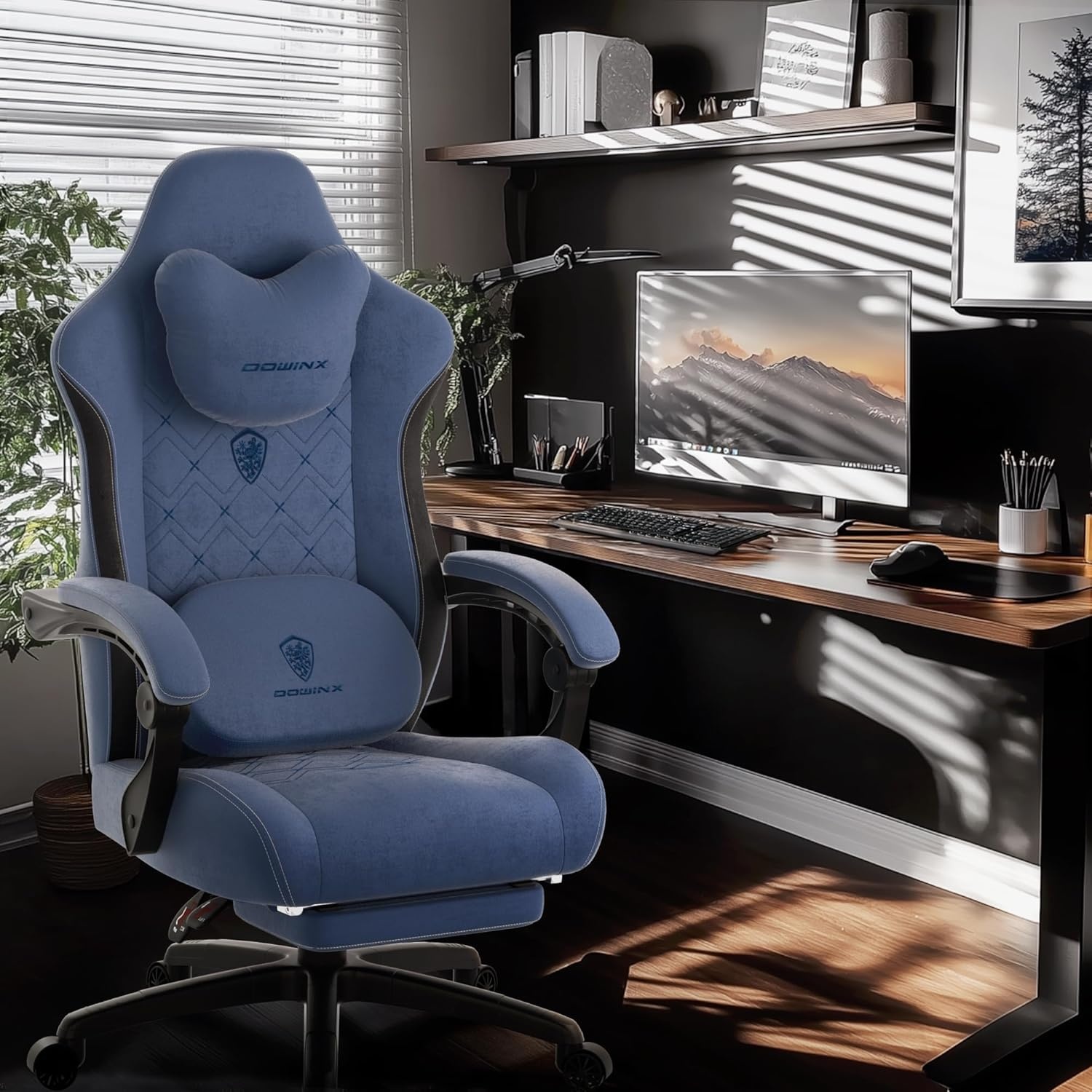 image:imageDowinx Gaming Chair with Heated Massage Lumbar SupportBig and Tall Fabric Gaming Chairs for Adults with Footrest Ergonomic Computer Game Chair with Poket Spring Cushions 350lbs BlackBlue