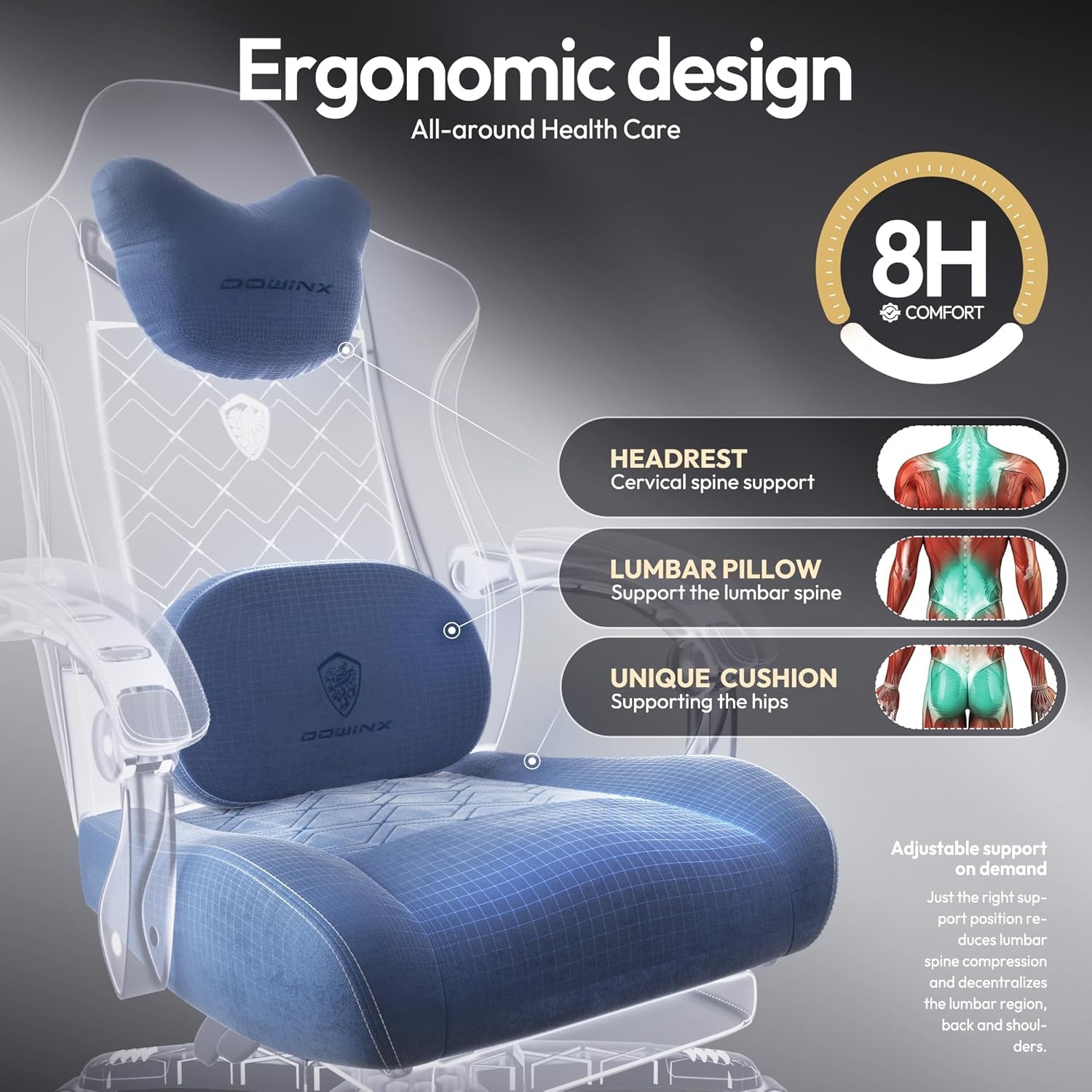 image:imageDowinx Gaming Chair with Heated Massage Lumbar SupportBig and Tall Fabric Gaming Chairs for Adults with Footrest Ergonomic Computer Game Chair with Poket Spring Cushions 350lbs BlackBlue