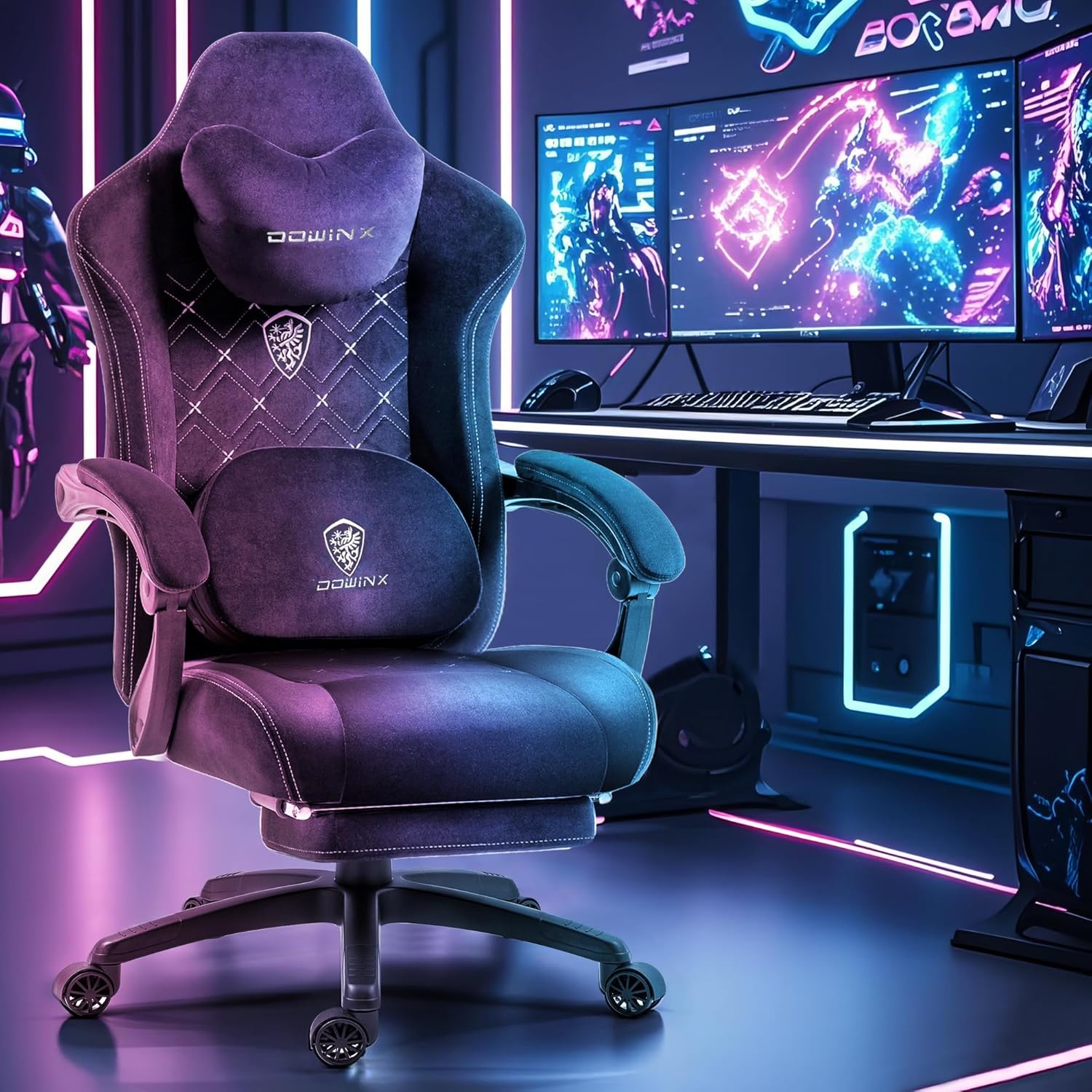 image:imageDowinx Gaming Chair with Heated Massage Lumbar SupportBig and Tall Fabric Gaming Chairs for Adults with Footrest Ergonomic Computer Game Chair with Poket Spring Cushions 350lbs BlackBlack and White