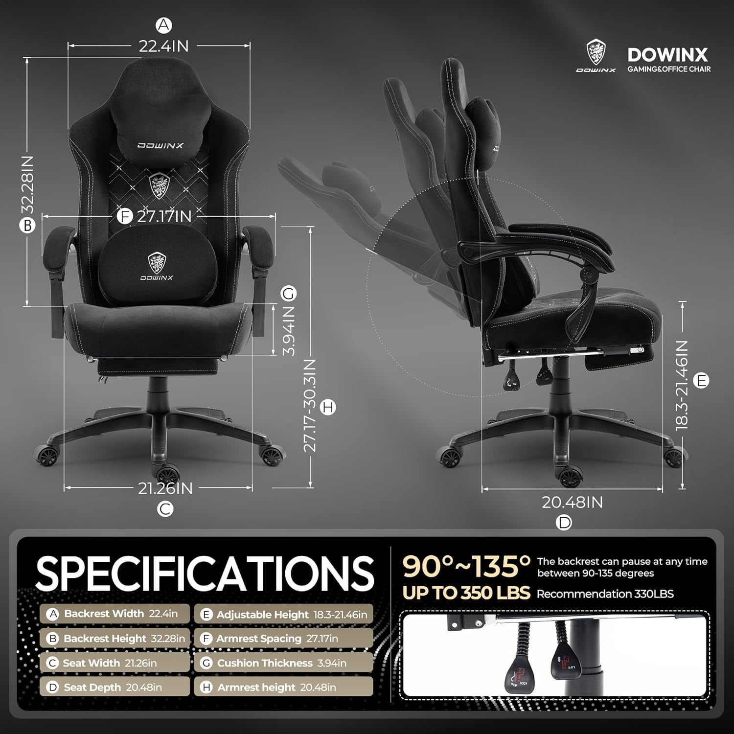 image:imageDowinx Gaming Chair with Heated Massage Lumbar SupportBig and Tall Fabric Gaming Chairs for Adults with Footrest Ergonomic Computer Game Chair with Poket Spring Cushions 350lbs BlackBlack and White