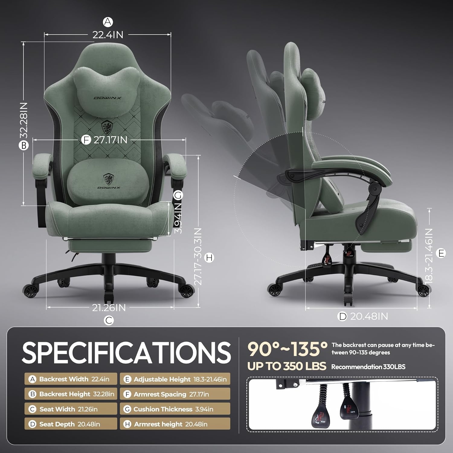image:imageDowinx Gaming Chair with Heated Massage Lumbar SupportBig and Tall Fabric Gaming Chairs for Adults with Footrest Ergonomic Computer Game Chair with Poket Spring Cushions 350lbs BlackGreen