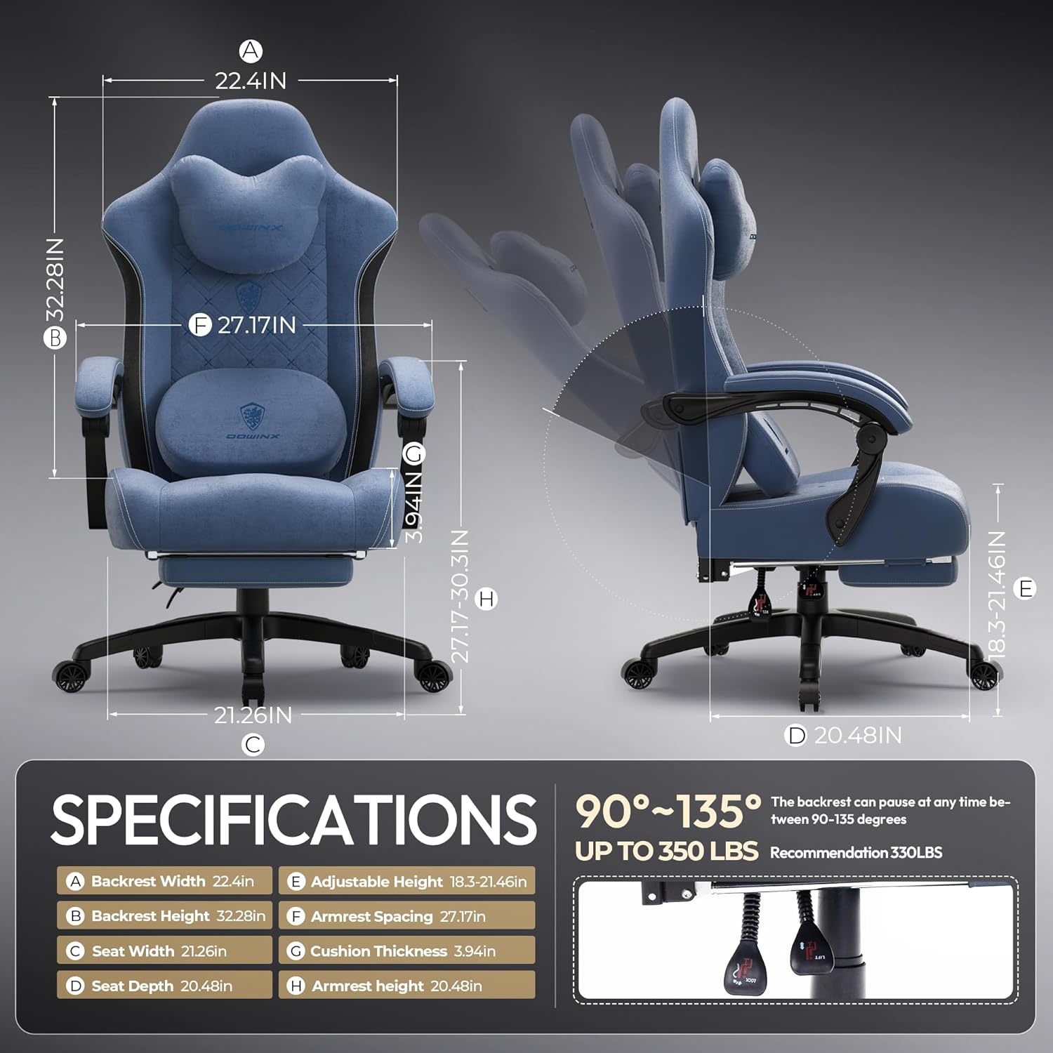 image:imageDowinx Gaming Chair with Heated Massage Lumbar SupportBig and Tall Fabric Gaming Chairs for Adults with Footrest Ergonomic Computer Game Chair with Poket Spring Cushions 350lbs BlackBlue