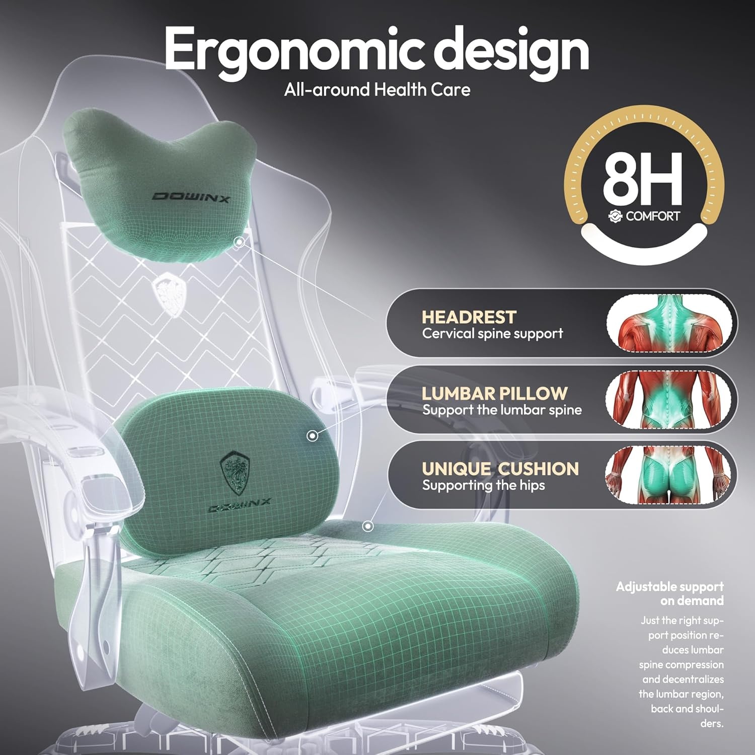 image:imageDowinx Gaming Chair with Heated Massage Lumbar SupportBig and Tall Fabric Gaming Chairs for Adults with Footrest Ergonomic Computer Game Chair with Poket Spring Cushions 350lbs BlackGreen