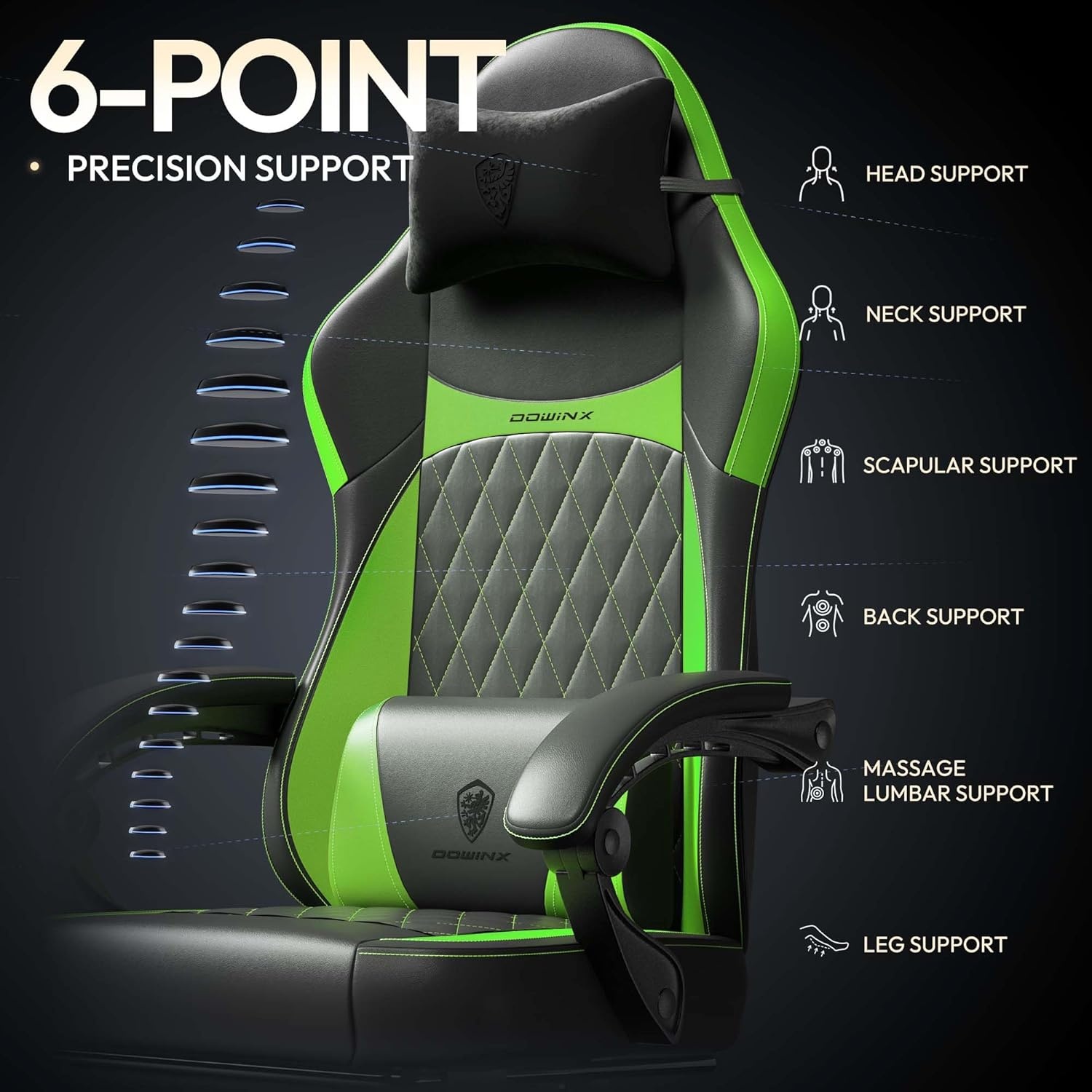 image:imageDowinx Gaming Chair with Pocket Spring Cushion Ergonomic Computer Chair with Massage Lumbar and Footrest for Adults High Back Game Chair Leather for Office Gaming 300LBS Green New50a Green