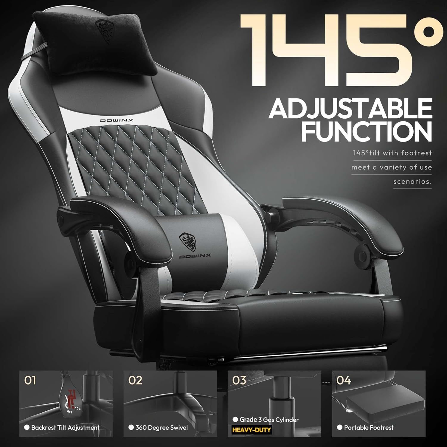 image:imageDowinx Gaming Chair with Pocket Spring Cushion Ergonomic Computer Chair with Massage Lumbar and Footrest for Adults High Back Game Chair Leather for Office Gaming 300LBS Green New50a White