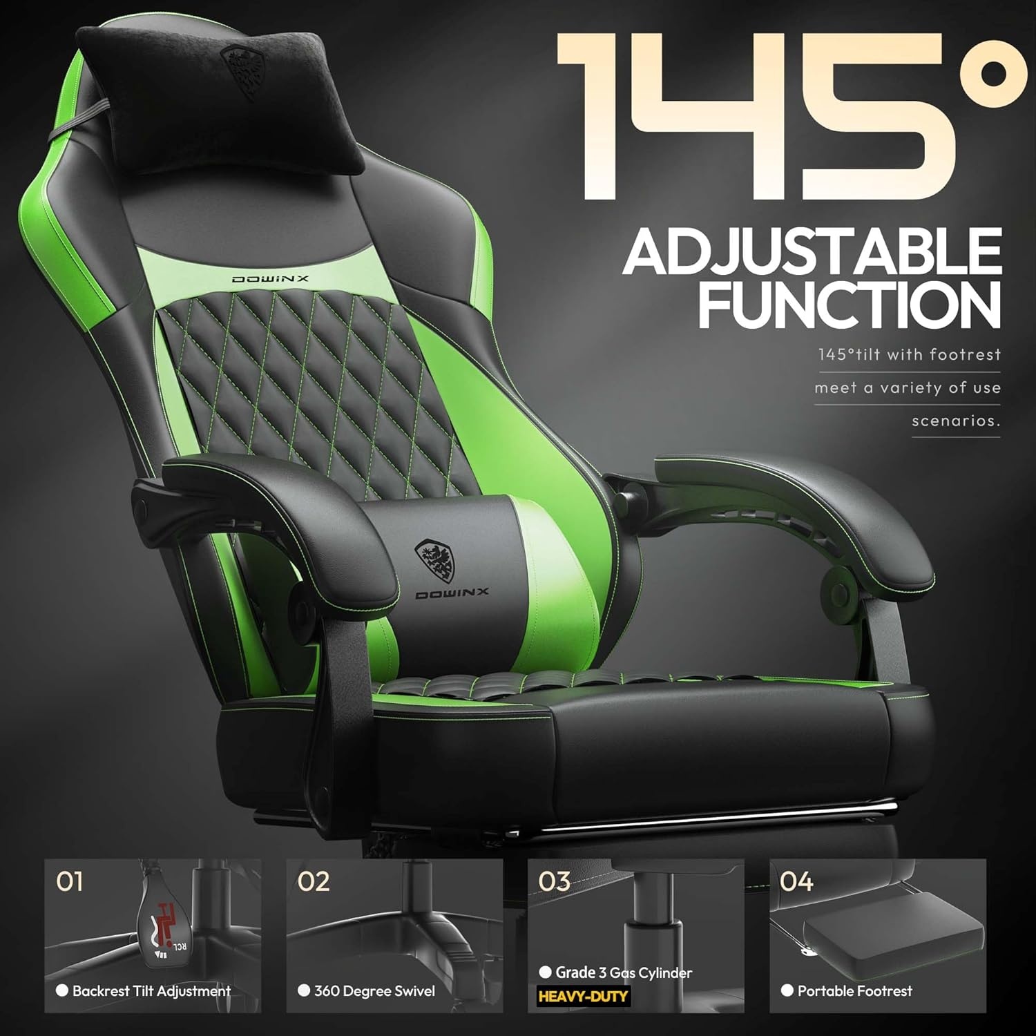 image:imageDowinx Gaming Chair with Pocket Spring Cushion Ergonomic Computer Chair with Massage Lumbar and Footrest for Adults High Back Game Chair Leather for Office Gaming 300LBS Green New50a Green