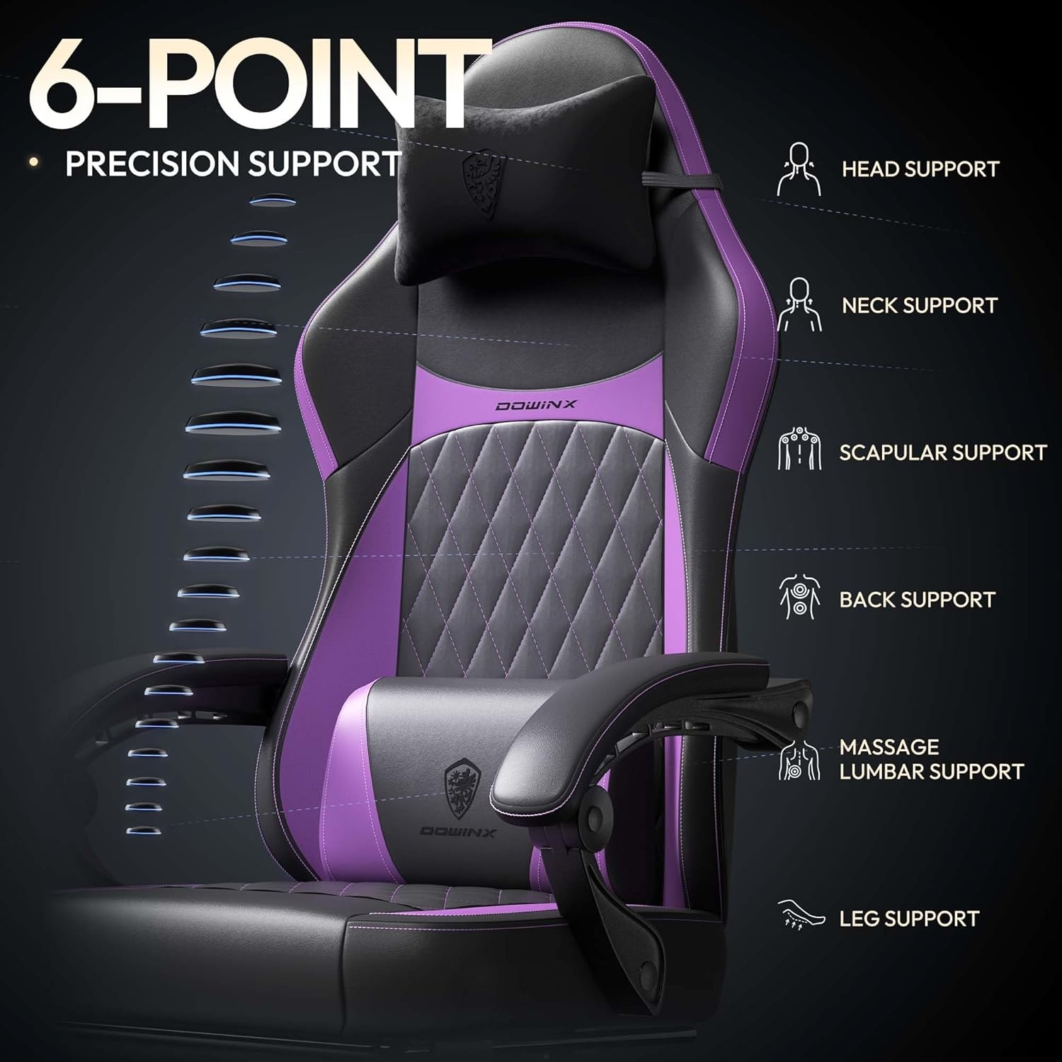 image:imageDowinx Gaming Chair with Pocket Spring Cushion Ergonomic Computer Chair with Massage Lumbar and Footrest for Adults High Back Game Chair Leather for Office Gaming 300LBS Green New50a Purple
