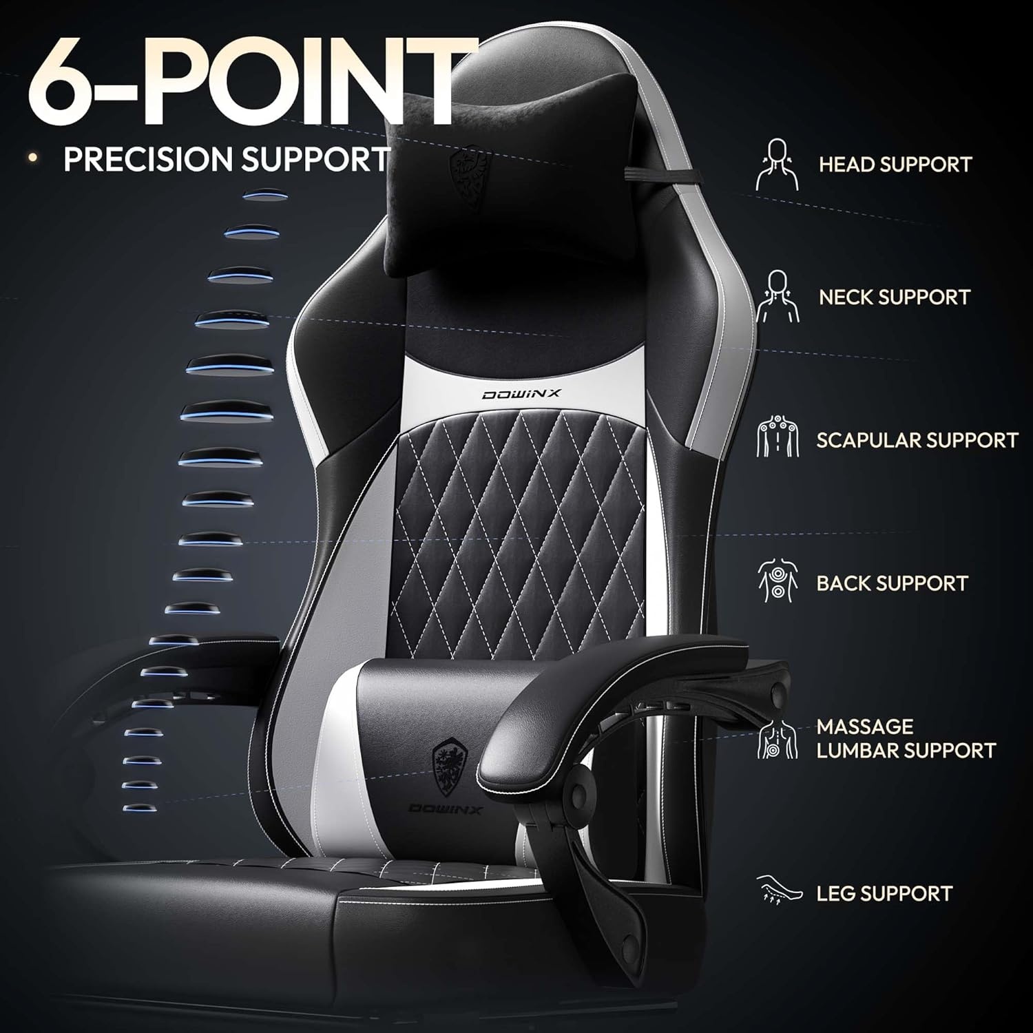 image:imageDowinx Gaming Chair with Pocket Spring Cushion Ergonomic Computer Chair with Massage Lumbar and Footrest for Adults High Back Game Chair Leather for Office Gaming 300LBS Green New50a White