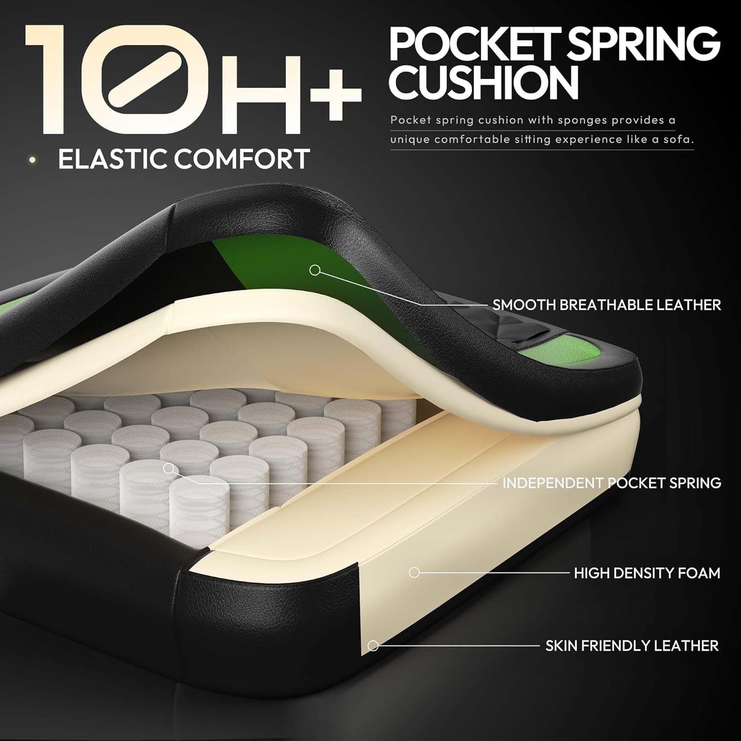 image:imageDowinx Gaming Chair with Pocket Spring Cushion Ergonomic Computer Chair with Massage Lumbar and Footrest for Adults High Back Game Chair Leather for Office Gaming 300LBS Green New50a Green