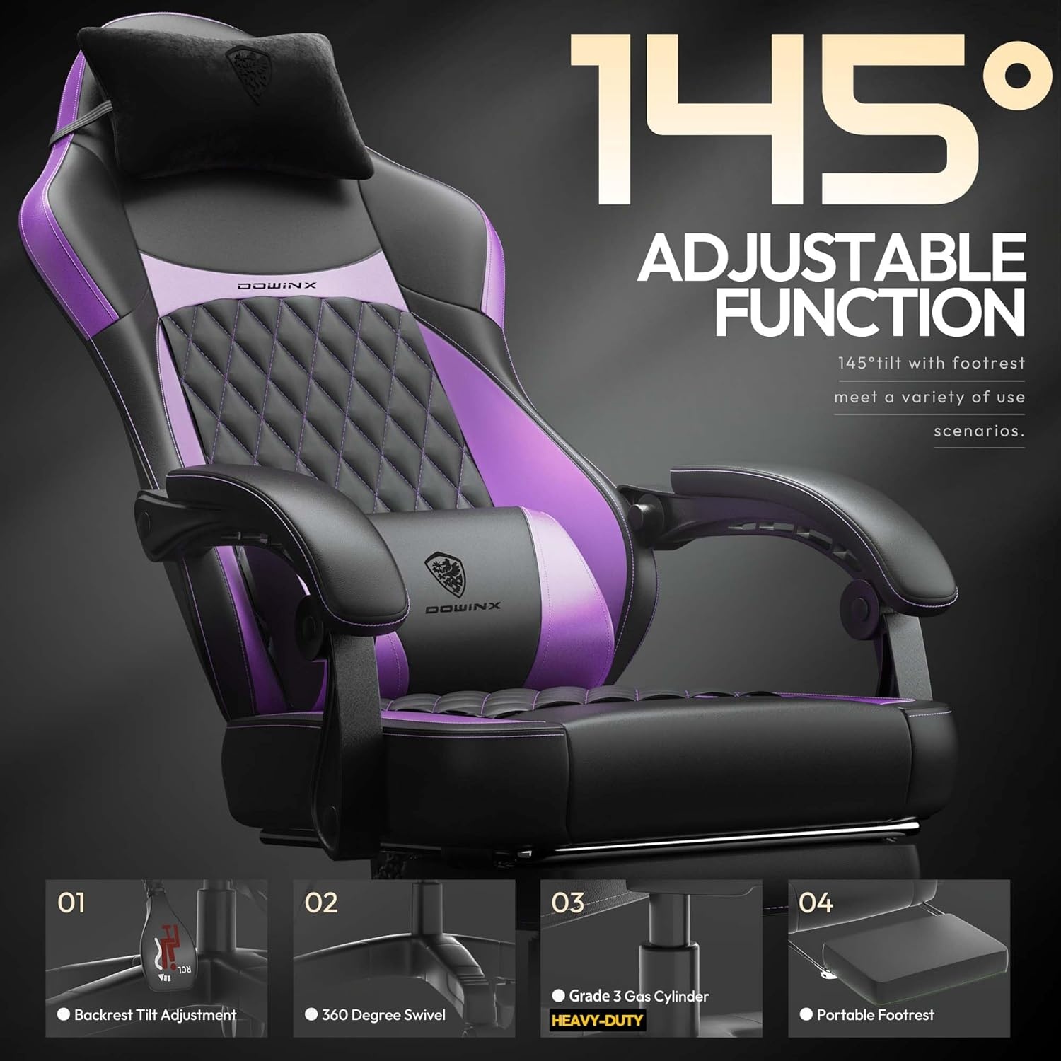image:imageDowinx Gaming Chair with Pocket Spring Cushion Ergonomic Computer Chair with Massage Lumbar and Footrest for Adults High Back Game Chair Leather for Office Gaming 300LBS Green New50a Purple