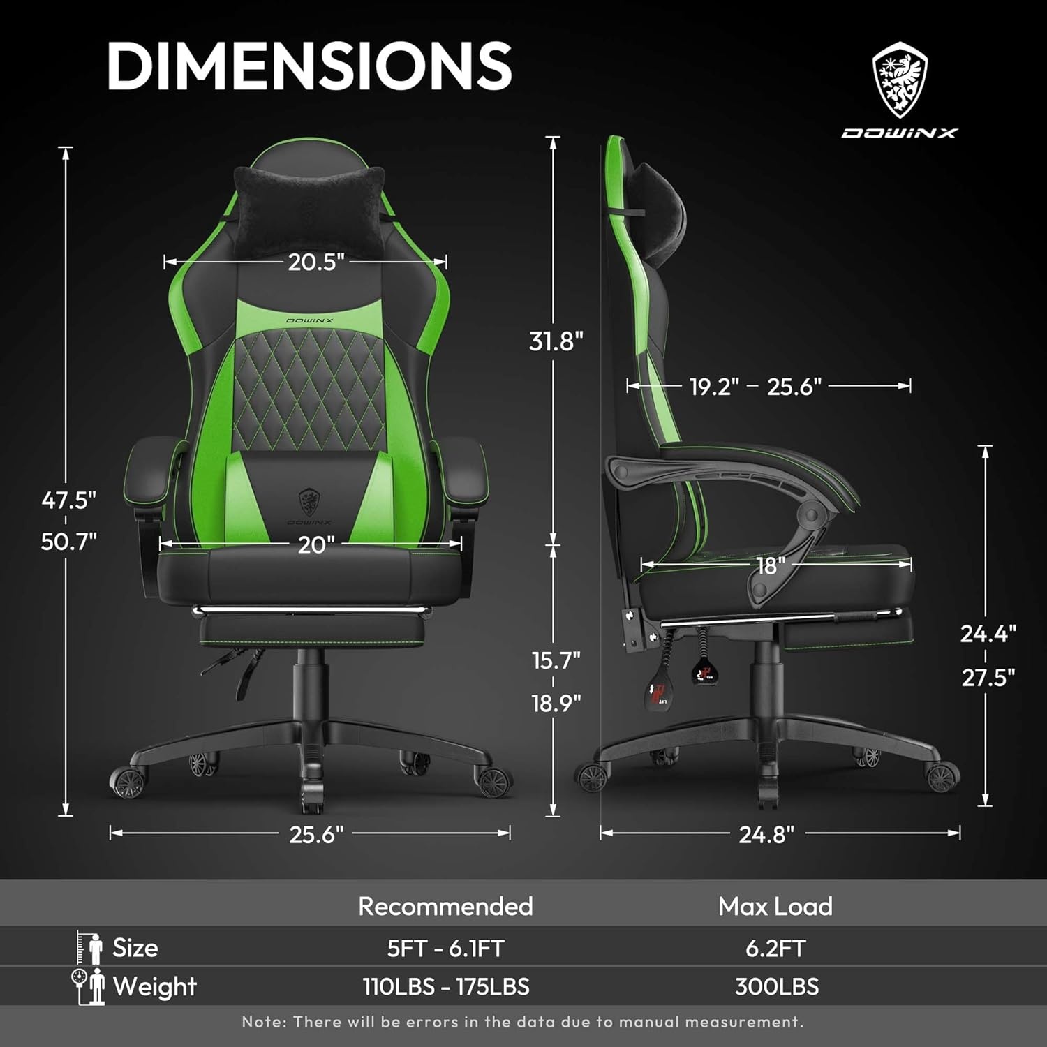 image:imageDowinx Gaming Chair with Pocket Spring Cushion Ergonomic Computer Chair with Massage Lumbar and Footrest for Adults High Back Game Chair Leather for Office Gaming 300LBS Green New50a Green