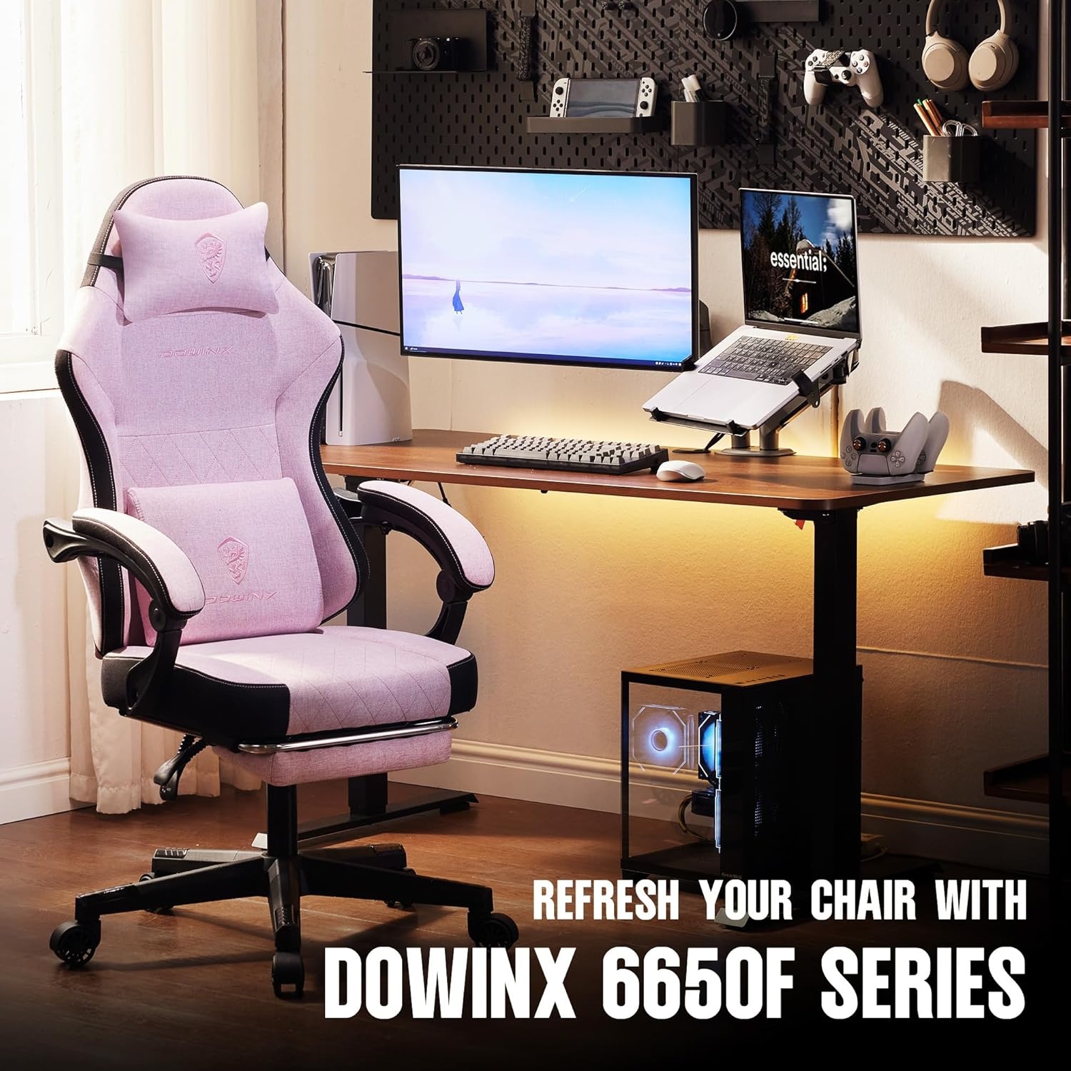 image:imageDowinx Gaming Chair with Pocket Spring Cushion High Back Ergonomic 360 Swivel Chair for Office Gaming Massage Lumbar Support with Footrest for Adults 300LBS Capacity Beige for Office GamingPink