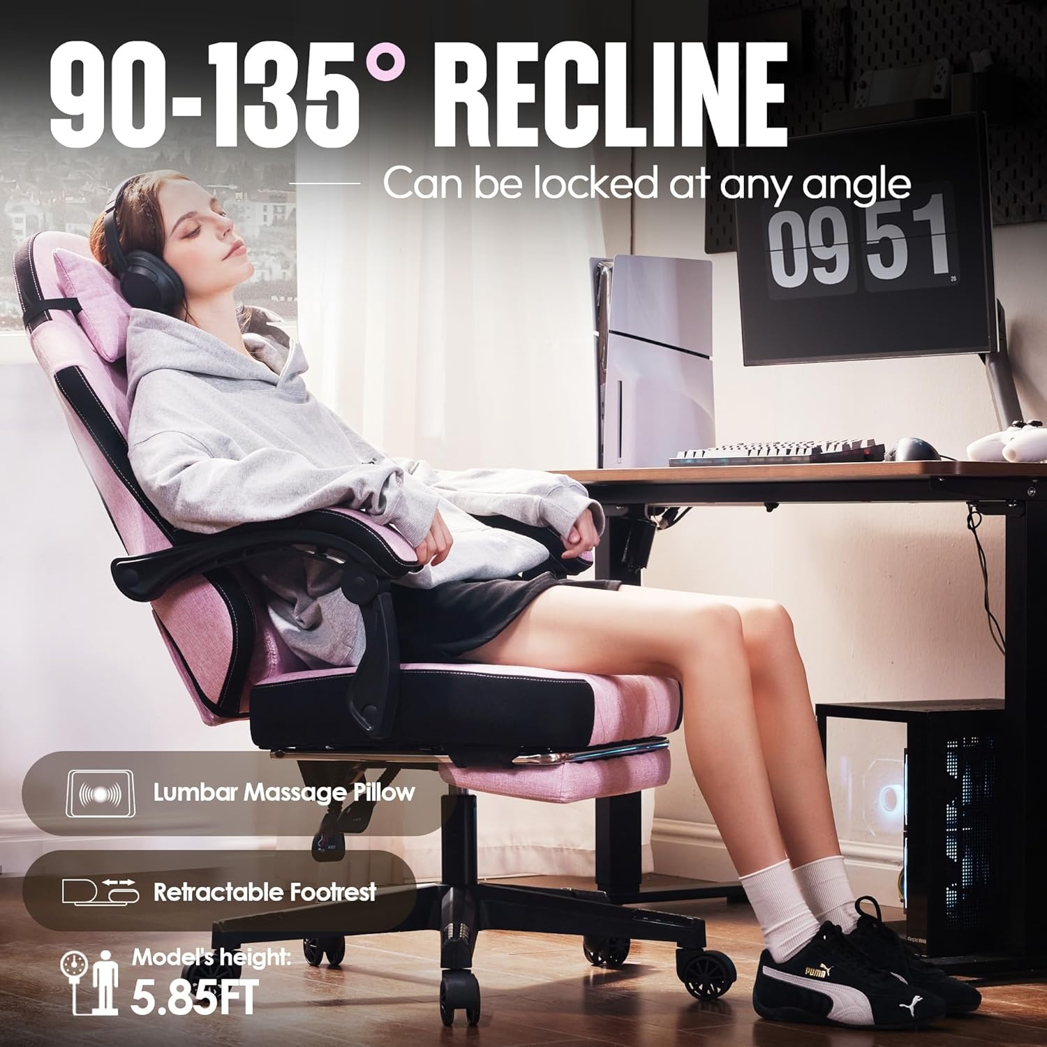 image:imageDowinx Gaming Chair with Pocket Spring Cushion High Back Ergonomic 360 Swivel Chair for Office Gaming Massage Lumbar Support with Footrest for Adults 300LBS Capacity Beige for Office GamingPink
