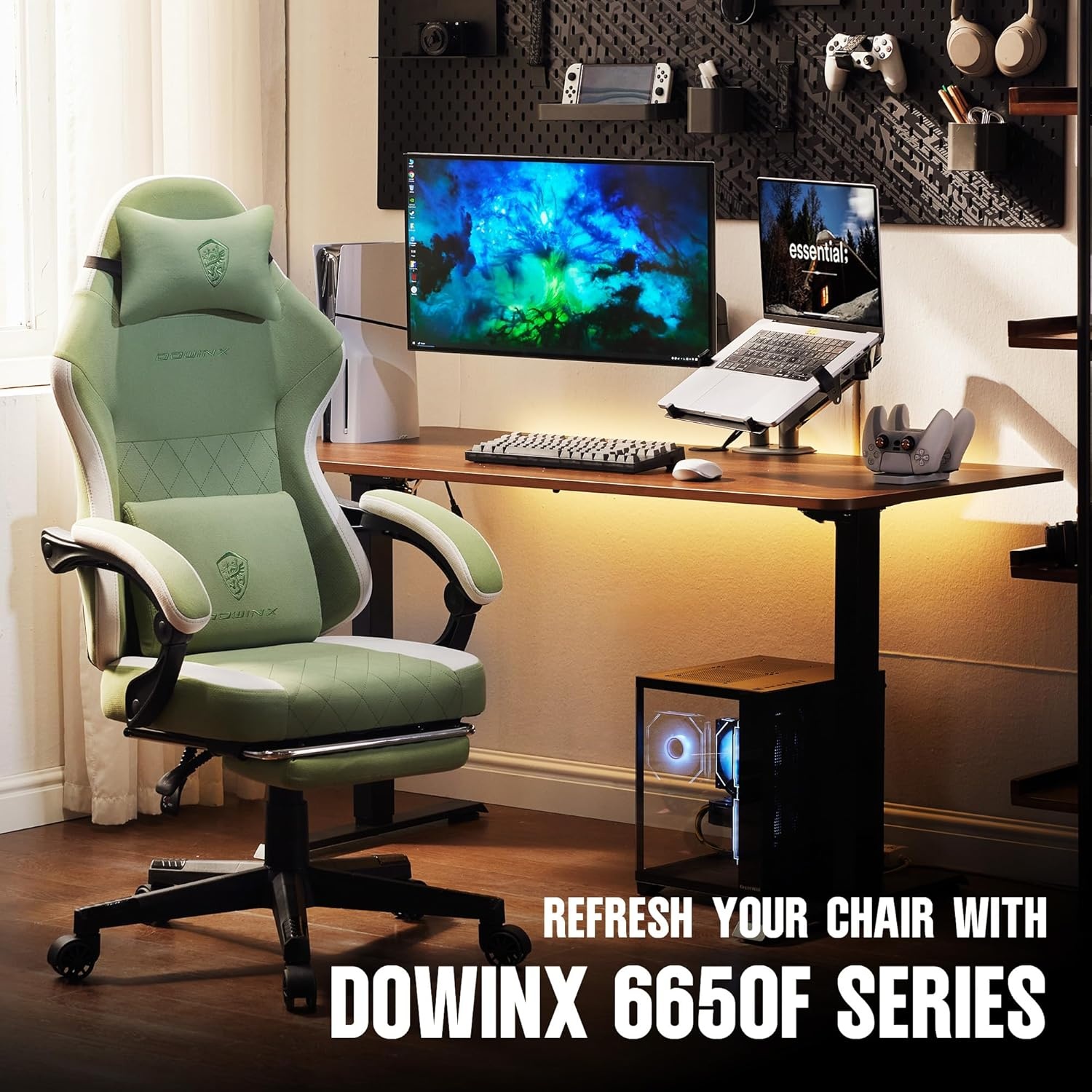 image:imageDowinx Gaming Chair with Pocket Spring Cushion High Back Ergonomic 360 Swivel Chair for Office Gaming Massage Lumbar Support with Footrest for Adults 300LBS Capacity Beige for Office GamingGreen