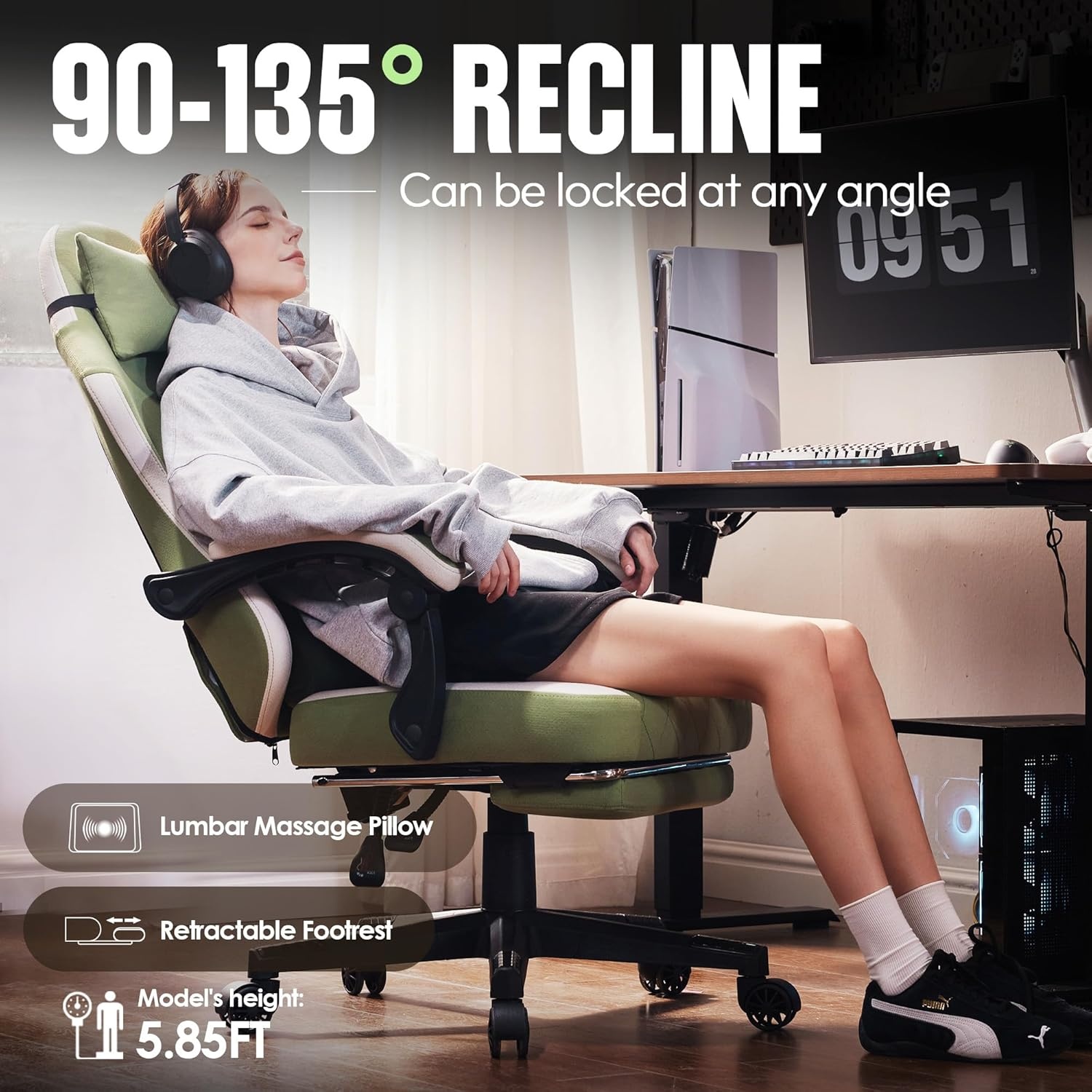 image:imageDowinx Gaming Chair with Pocket Spring Cushion High Back Ergonomic 360 Swivel Chair for Office Gaming Massage Lumbar Support with Footrest for Adults 300LBS Capacity Beige for Office GamingGreen