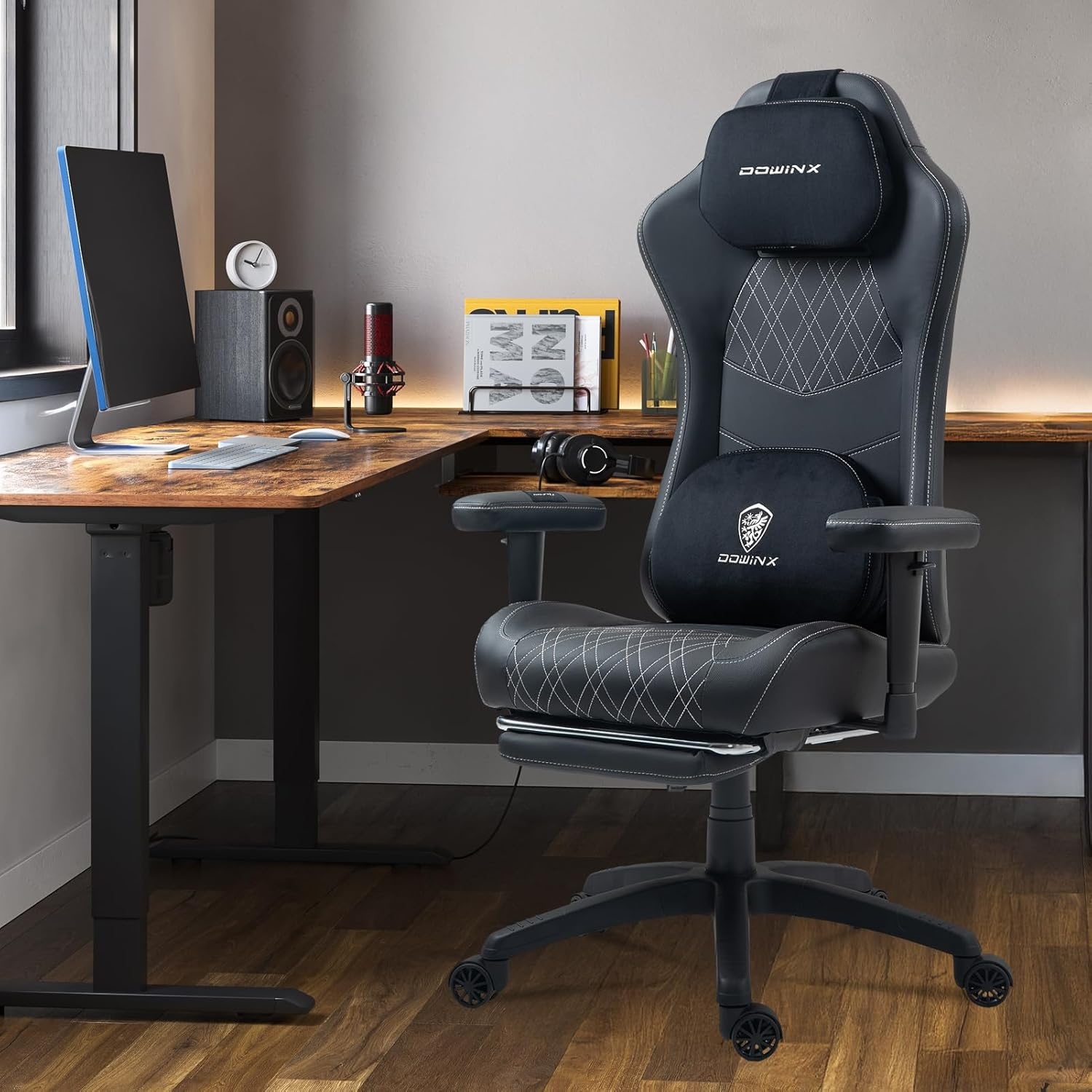 image:imageDowinx Heated Massage Gaming Chair for Adults Ergonomic Gamer Chair with SofaGrade Pocket Spring Cushion and with Lumbar Support Reclining Computer Chair with Adjustable Footrest Black White