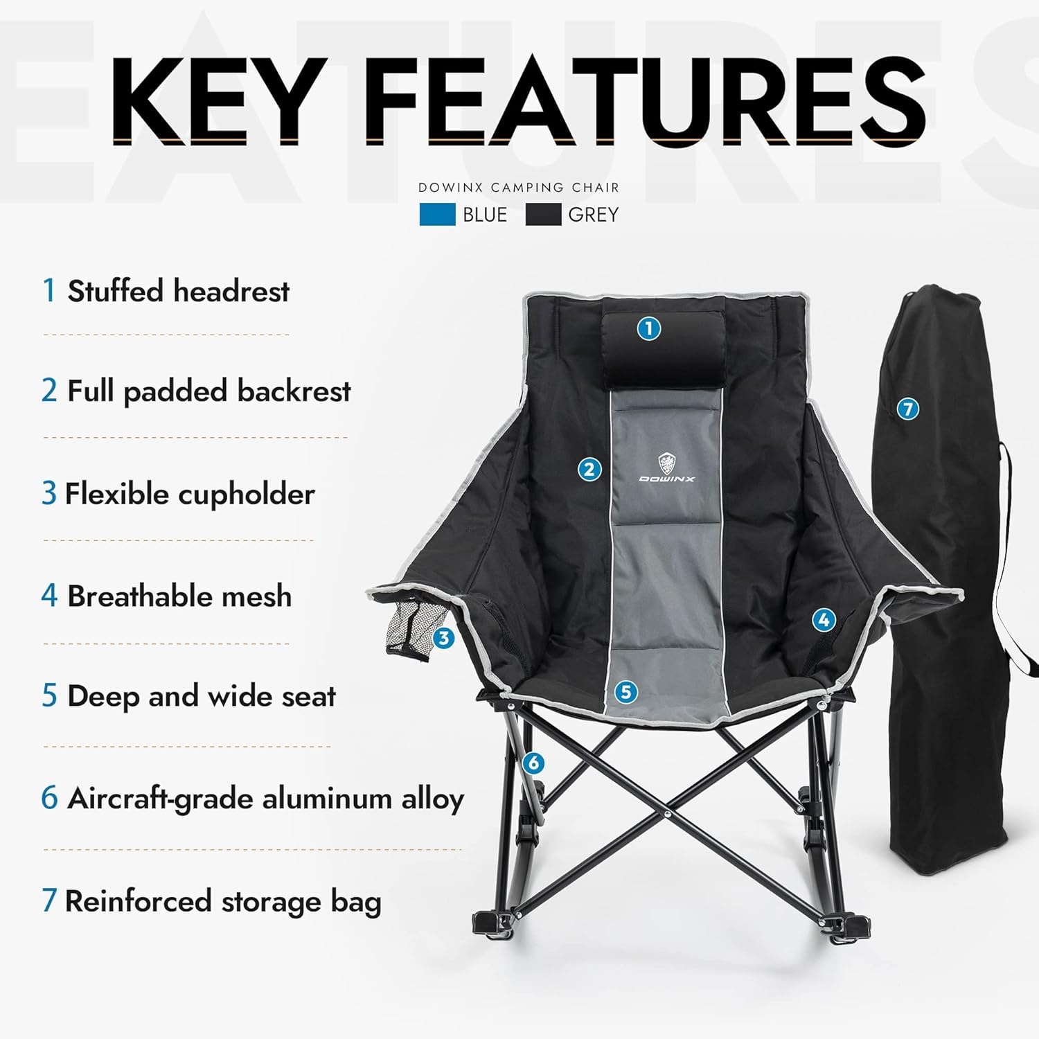 image:imageDowinx Oversized Rocking Camping Chair Fully Padded Patio Chair with Side Pocket and Carry Bag High Back Portable Lawn Recliner with Headrest Support 300 lbs GreyGrey