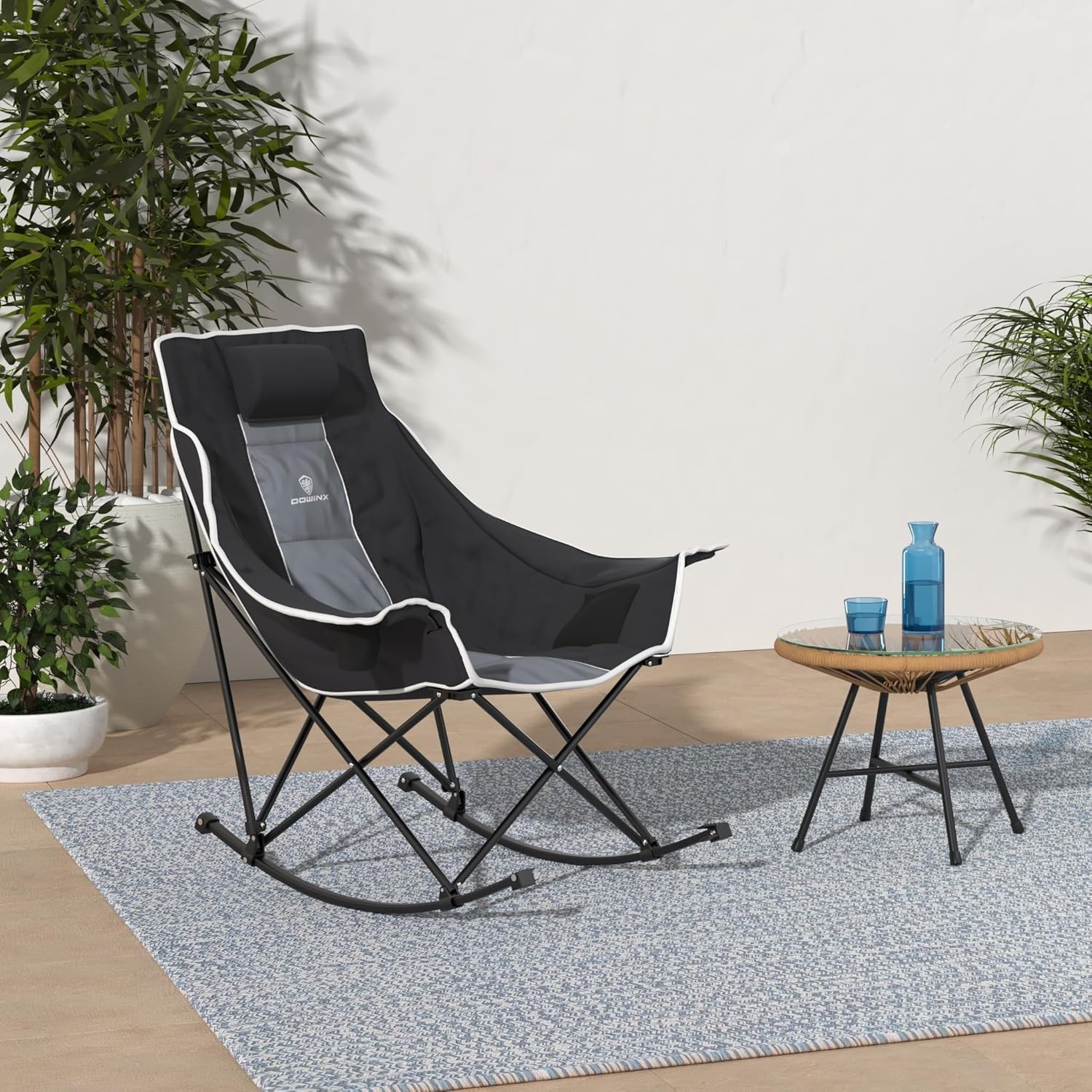 image:imageDowinx Oversized Rocking Camping Chair Fully Padded Patio Chair with Side Pocket and Carry Bag High Back Portable Lawn Recliner with Headrest Support 300 lbs GreyGrey