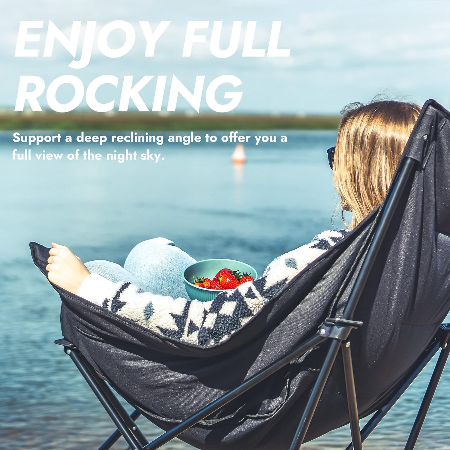 image:imageDowinx Oversized Rocking Camping Chair Fully Padded Patio Chair with Side Pocket and Carry Bag High Back Portable Lawn Recliner with Headrest Support 300 lbs GreyGrey