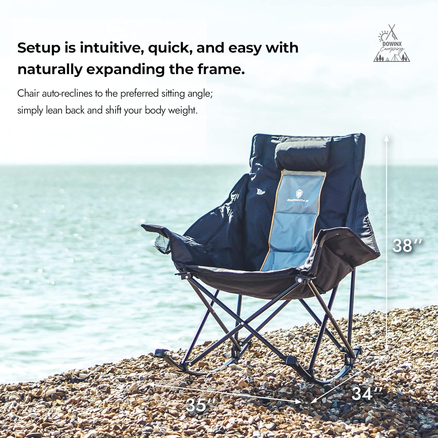 image:imageDowinx Oversized Rocking Camping Chair Fully Padded Patio Chair with Side Pocket and Carry Bag High Back Portable Lawn Recliner with Headrest Support 300 lbs GreyGrey